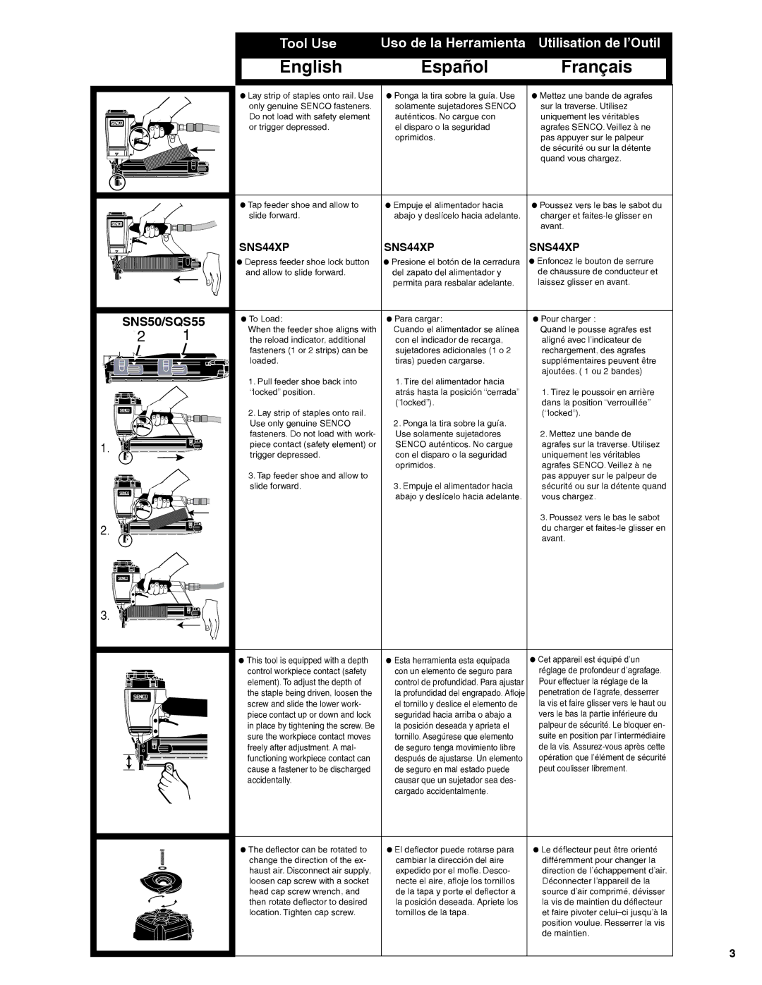 Senco SNS50XP, SNS45XP, SQS55XP operating instructions SNS50/SQS55, SNS44XP 