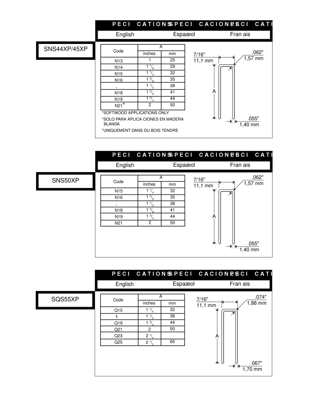 Senco SNS50XP, SNS44XP, SNS45XP, SQS55XP operating instructions 