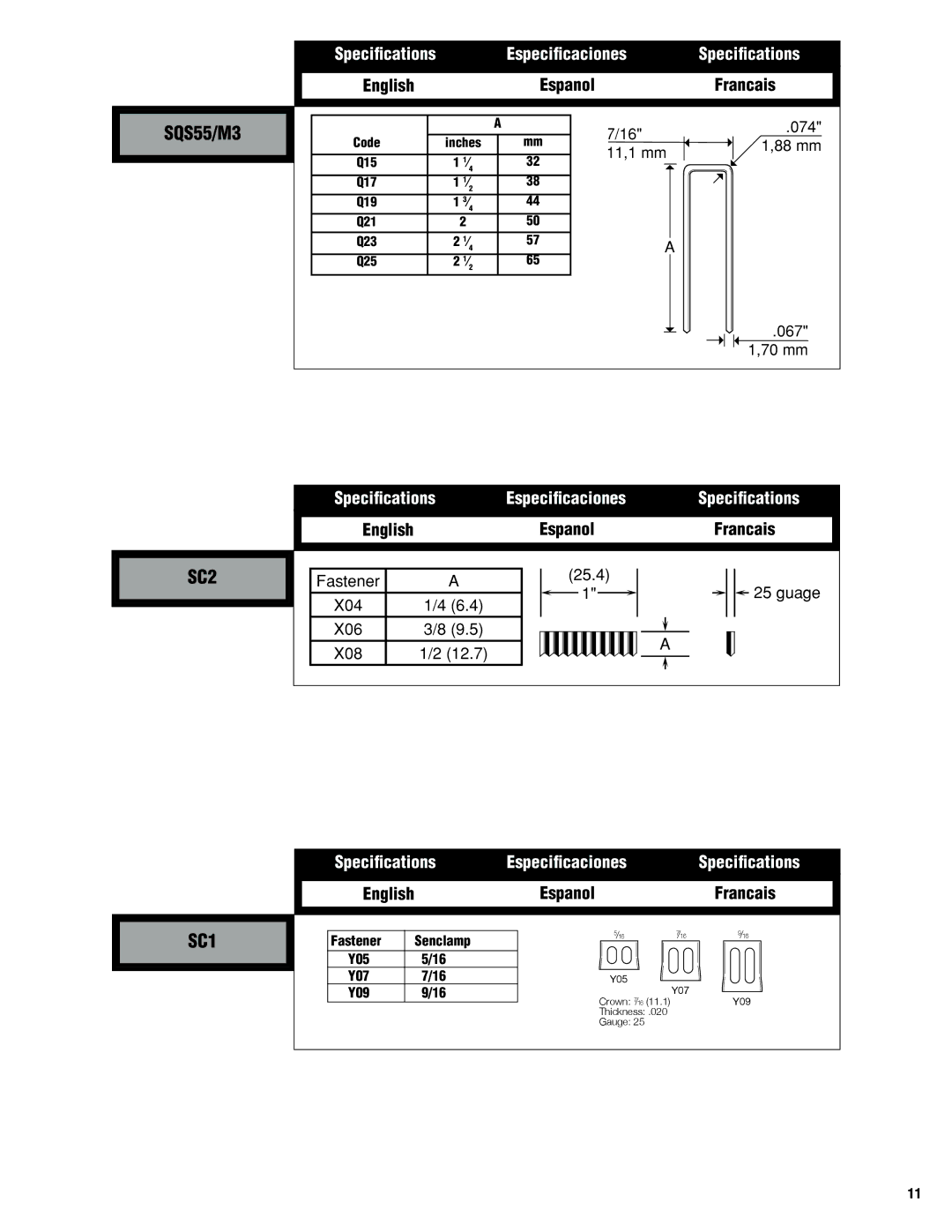 Senco M3, SNS50, SC2, M2, SC1 manual Q15 Q17 Q19 Q21 Q23 Q25, Senclamp 