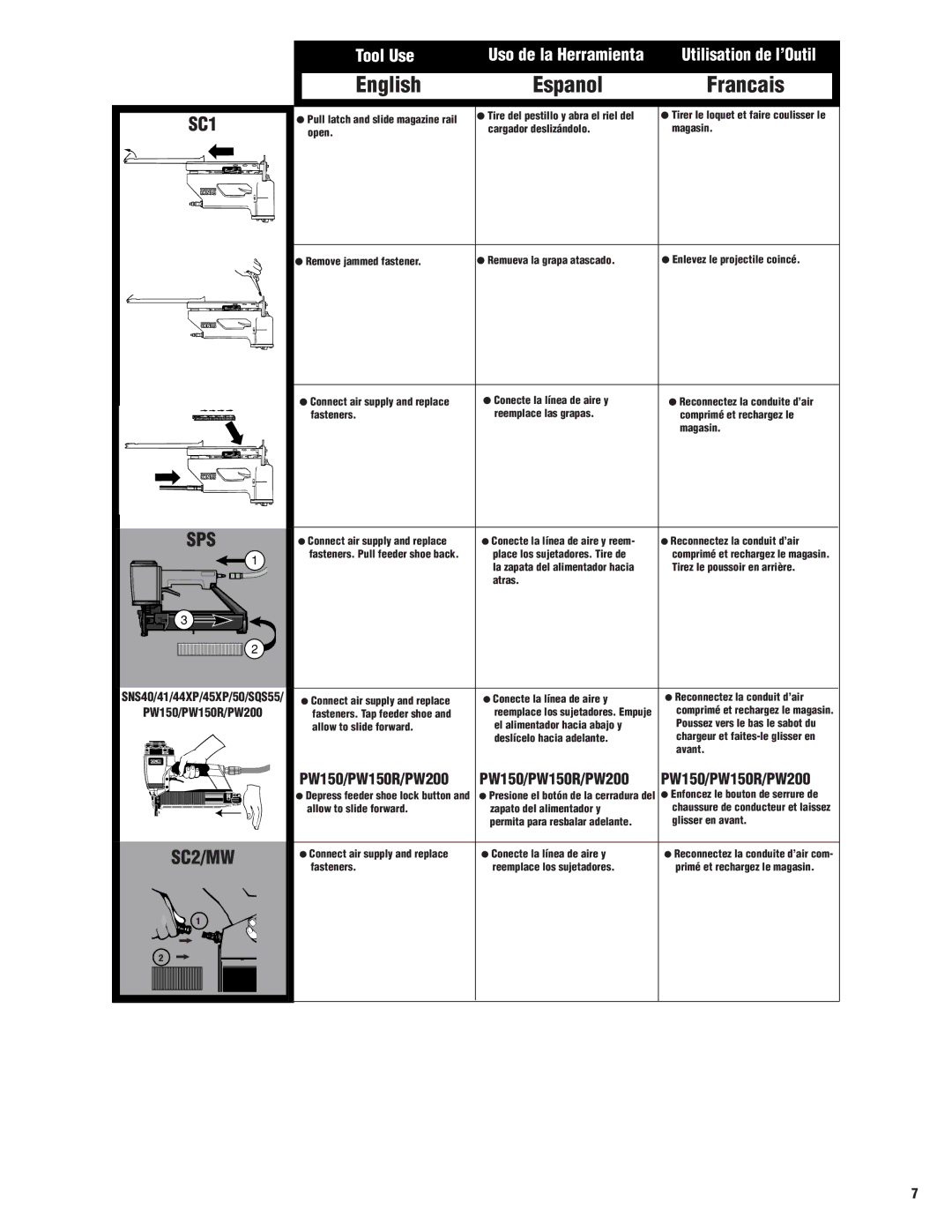 Senco SC2, SNS50, M3, M2, SC1 manual SNS40/41/44XP/45XP/50/SQS55,  Conecte la línea de aire y, Fasteners Reemplace las grapas 