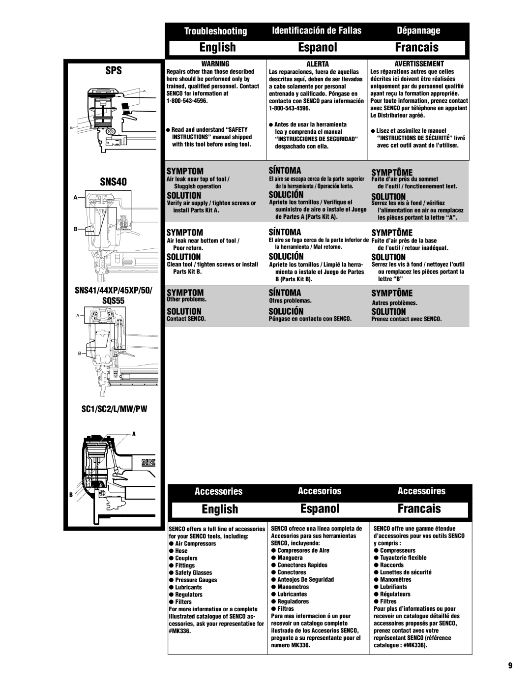 Senco SC1, SNS50, M3, SC2 Air leak near top of tool, Fuite d’air près du sommet, Sluggish operation, De Partes a Parts Kit a 