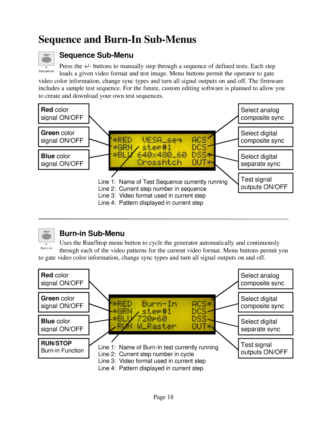 Sencore VP300 manual Sequence and Burn-In Sub-Menus, Sequence Sub-Menu, Burn-in Sub-Menu 