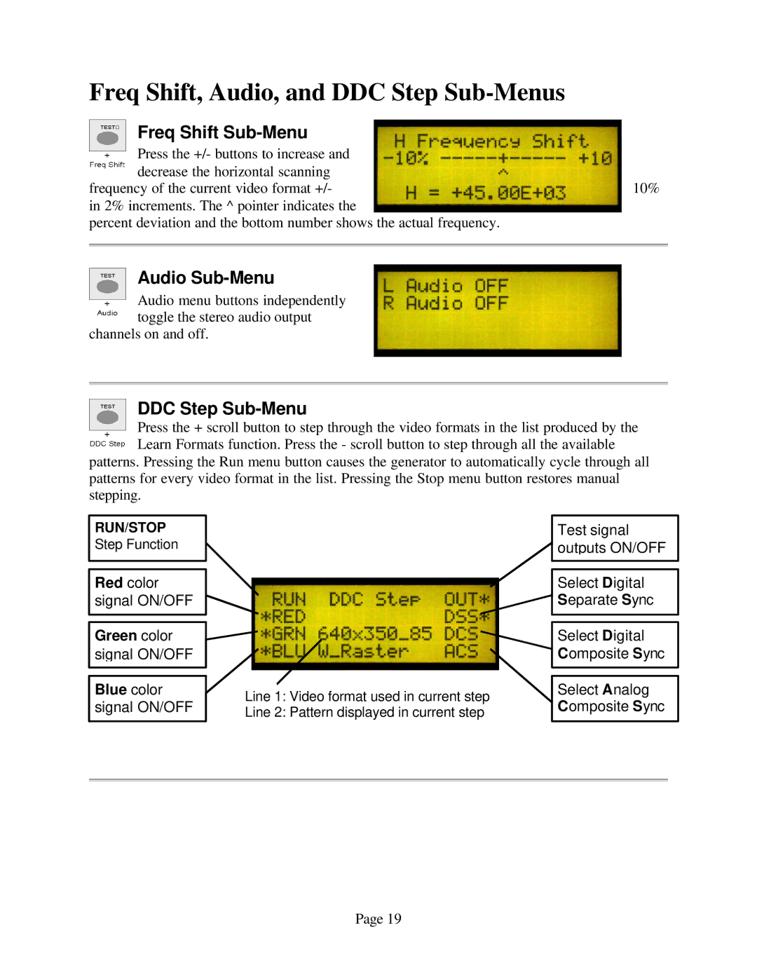 Sencore VP300 manual Freq Shift, Audio, and DDC Step Sub-Menus, Freq Shift Sub-Menu, Audio Sub-Menu 