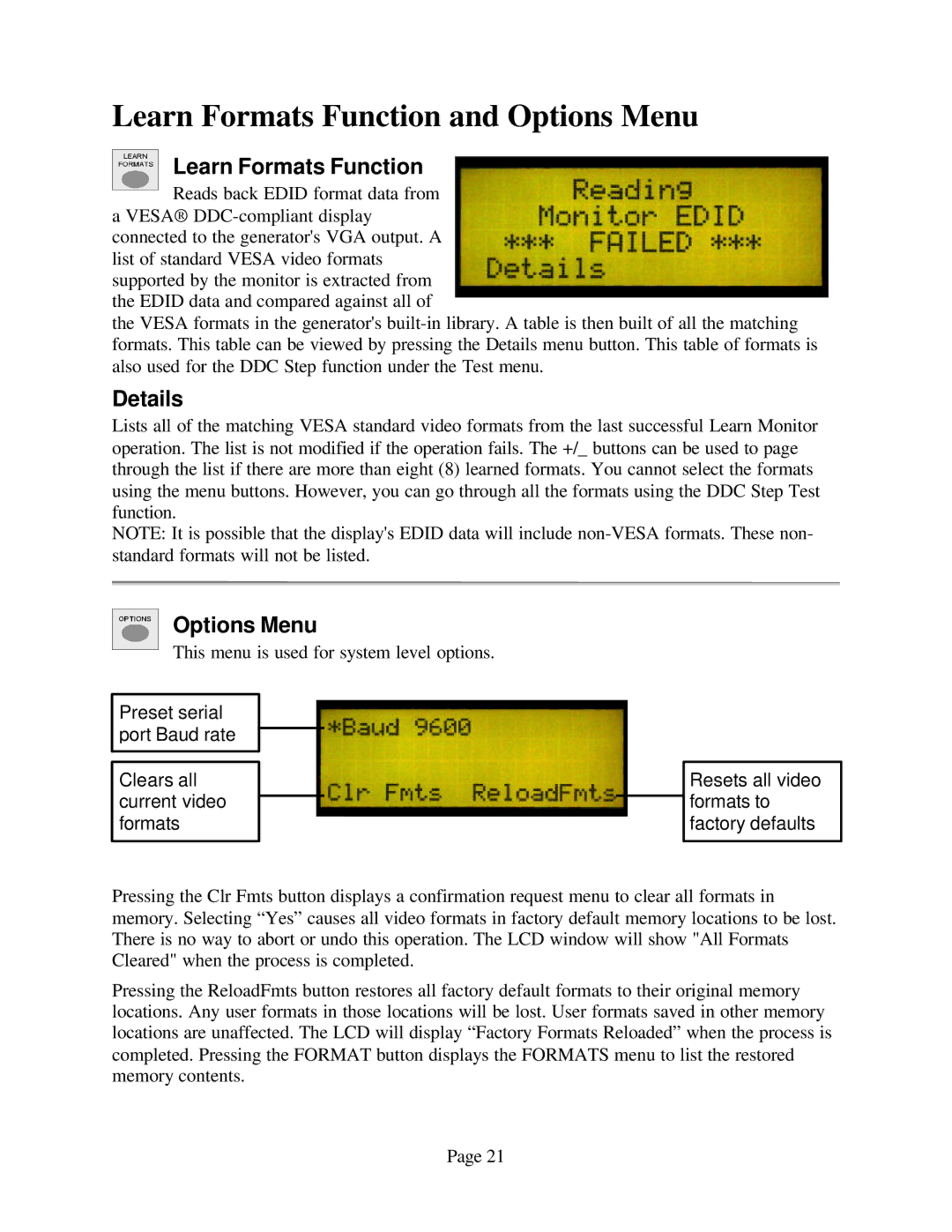 Sencore VP300 manual Learn Formats Function and Options Menu, Details 