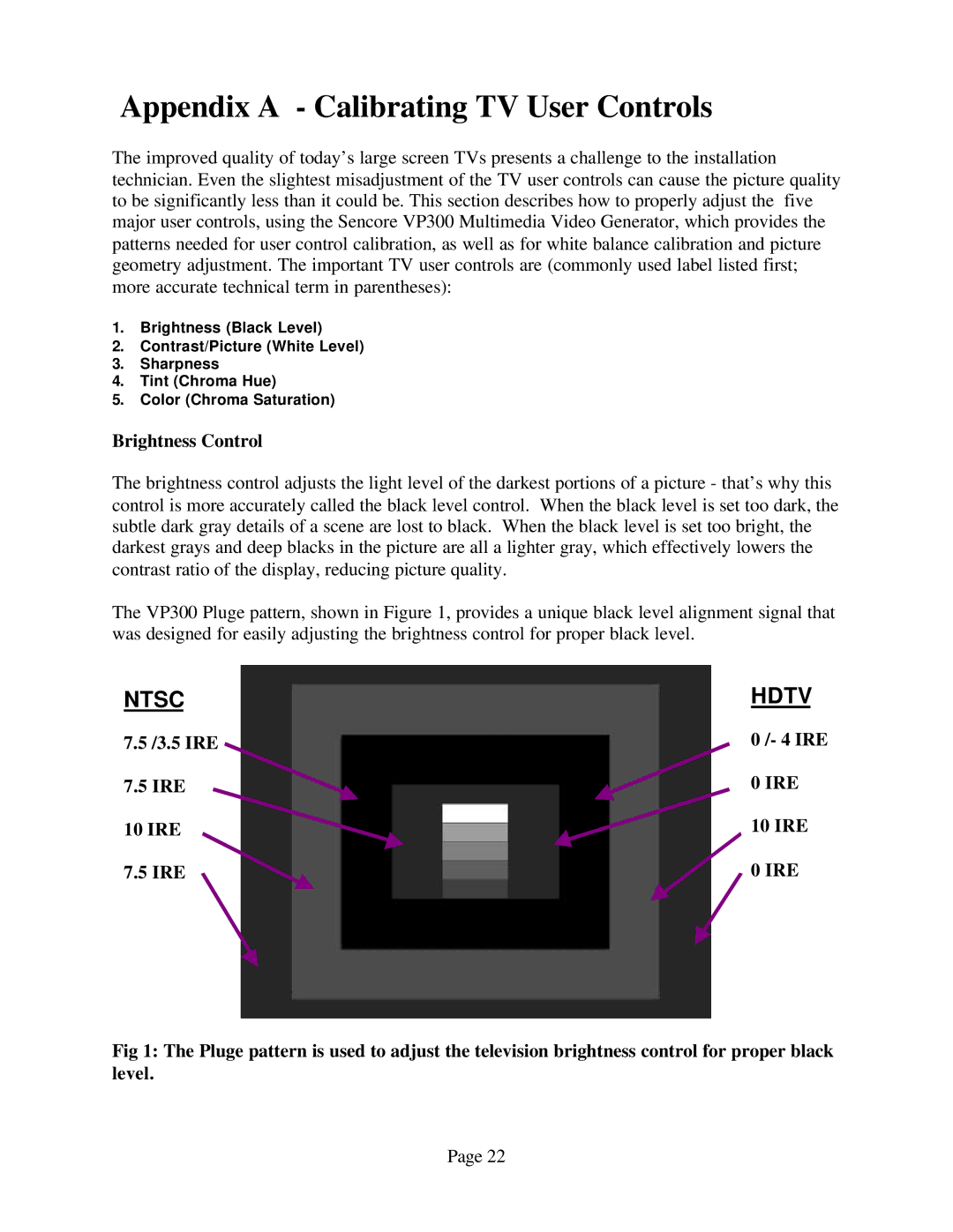 Sencore VP300 manual Appendix a Calibrating TV User Controls, Brightness Control, 3.5 IRE, 10 IRE 