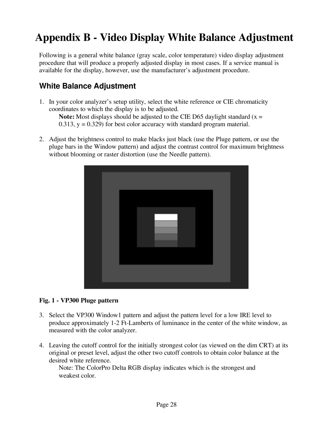 Sencore VP300 manual Appendix B Video Display White Balance Adjustment 