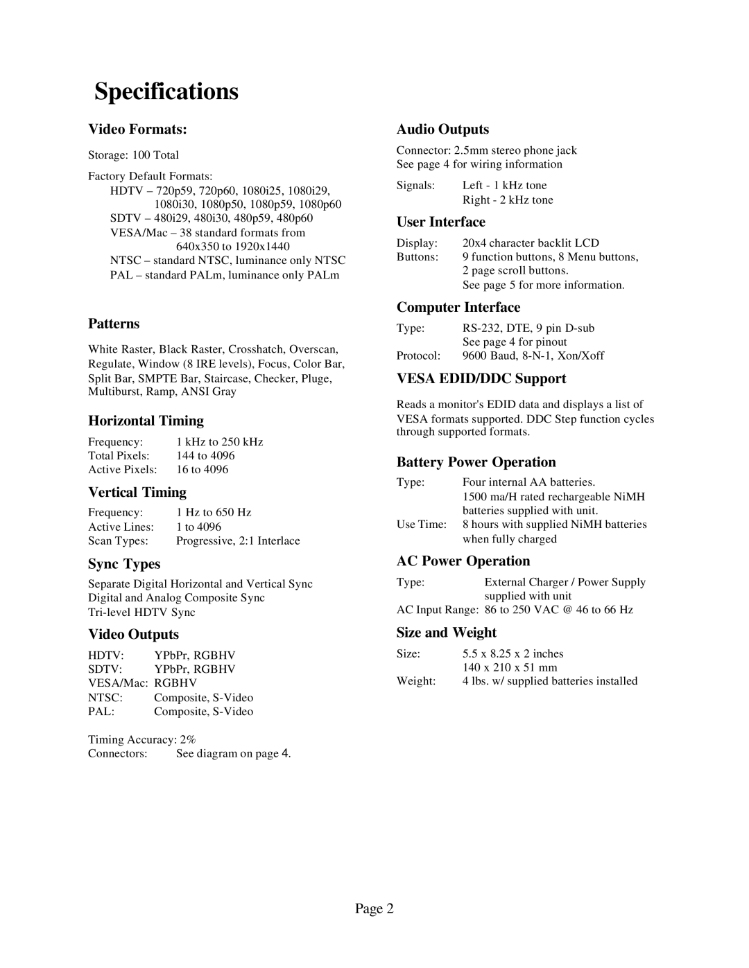 Sencore VP300 manual Specifications 