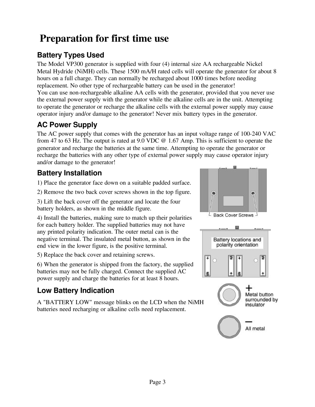 Sencore VP300 manual Preparation for first time use, Battery Types Used, AC Power Supply, Battery Installation 