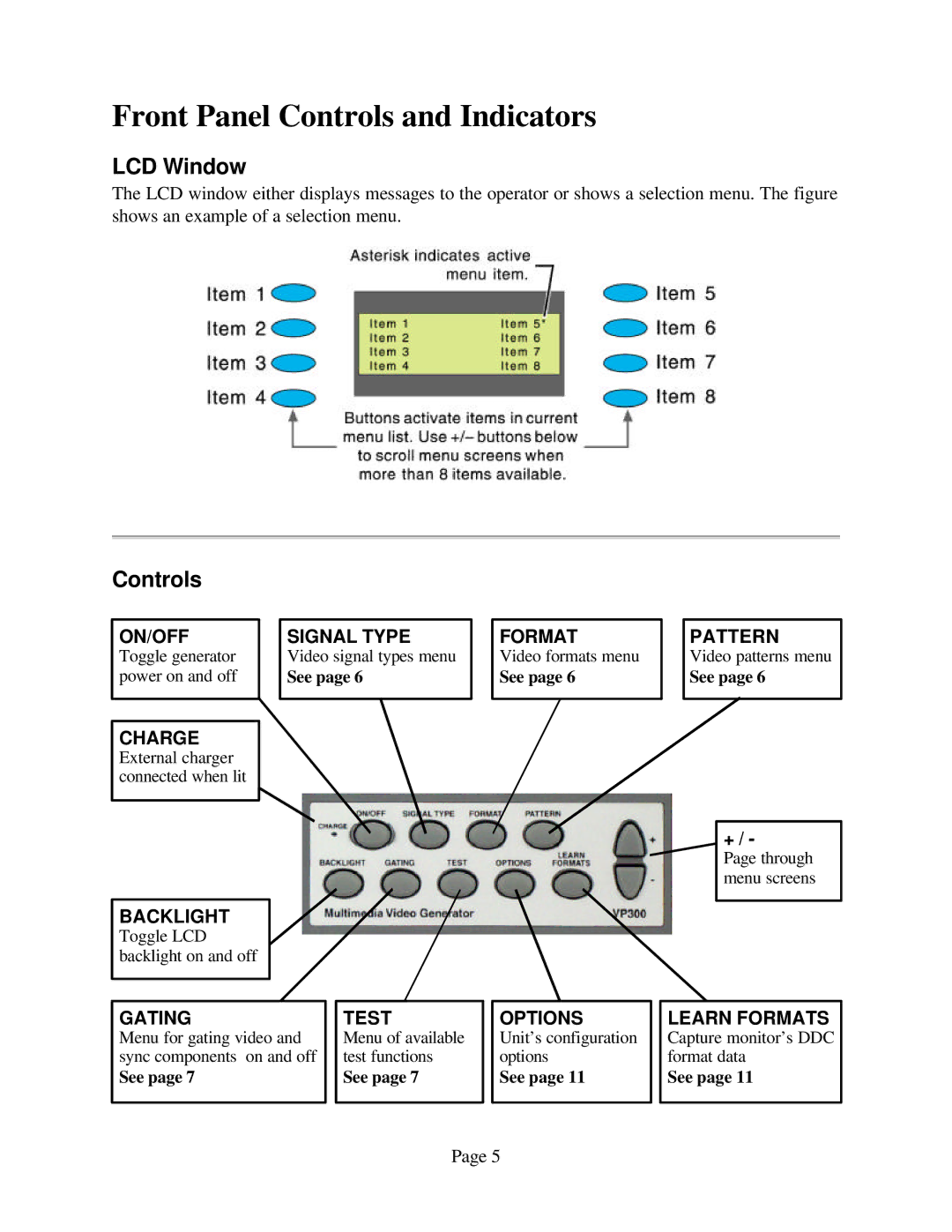 Sencore VP300 manual Front Panel Controls and Indicators, LCD Window 