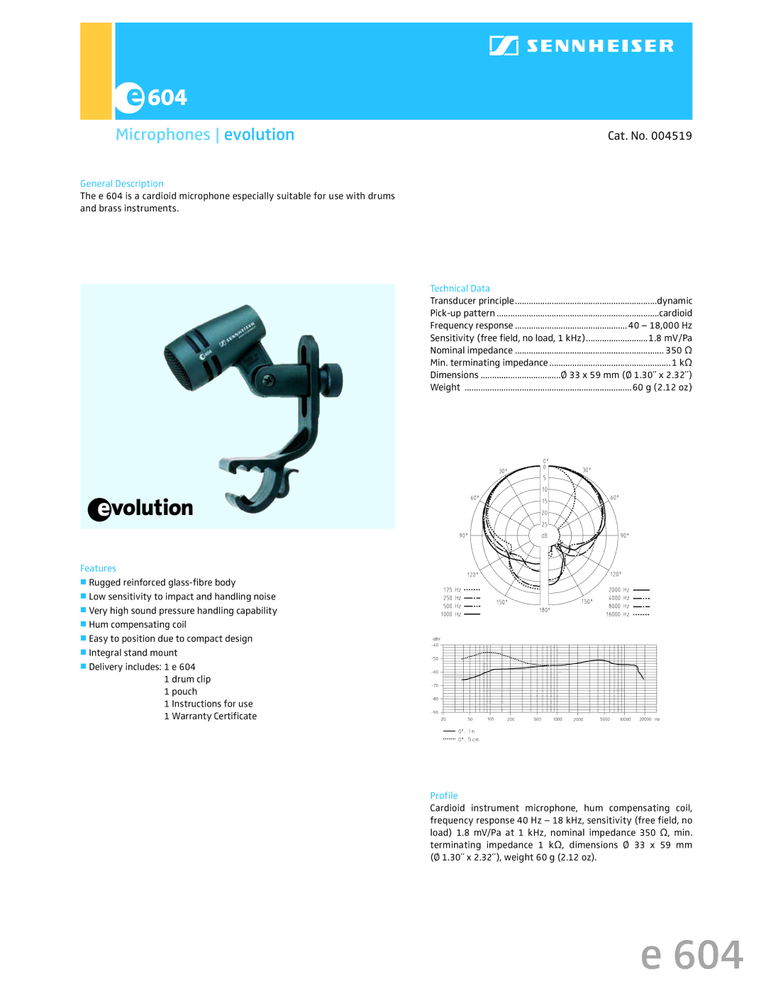 Sennheiser 004519 warranty Microphones evolution, Cat. No 