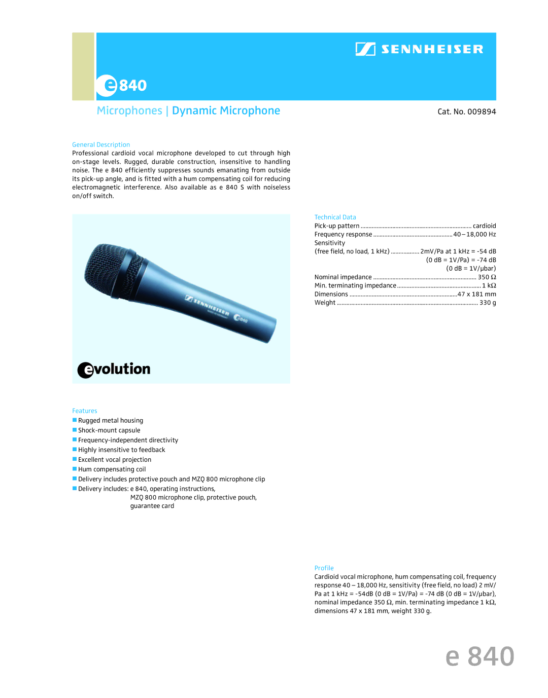 Sennheiser 009894 operating instructions Microphones Dynamic Microphone, Cat. No 