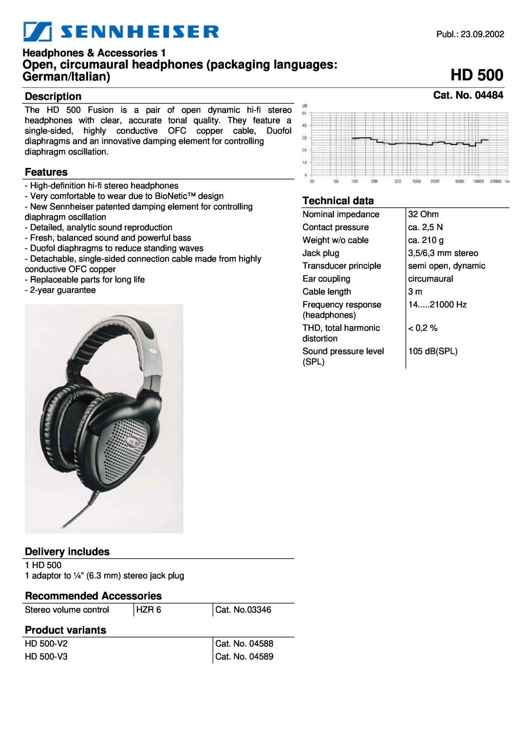 Sennheiser 04484 manual Headphones & Accessories, Description, Features, Technical data, Delivery includes, Cat. No 