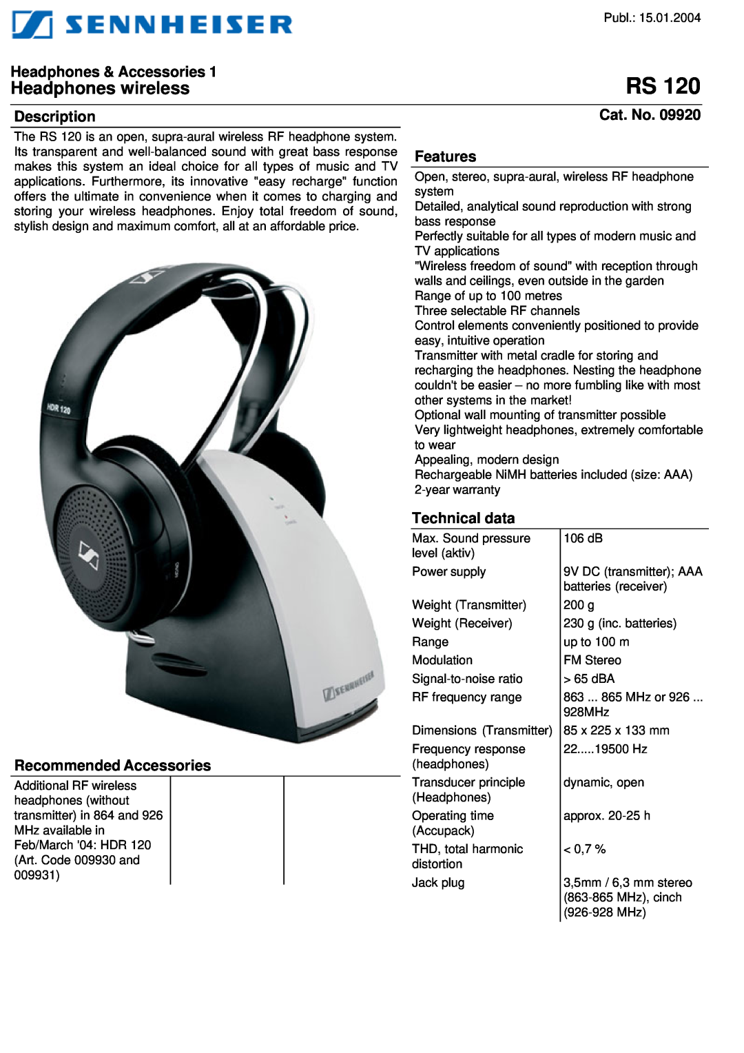 Sennheiser 09920 warranty Headphones wireless, Headphones & Accessories, Description, Cat. No, Features, Technical data 