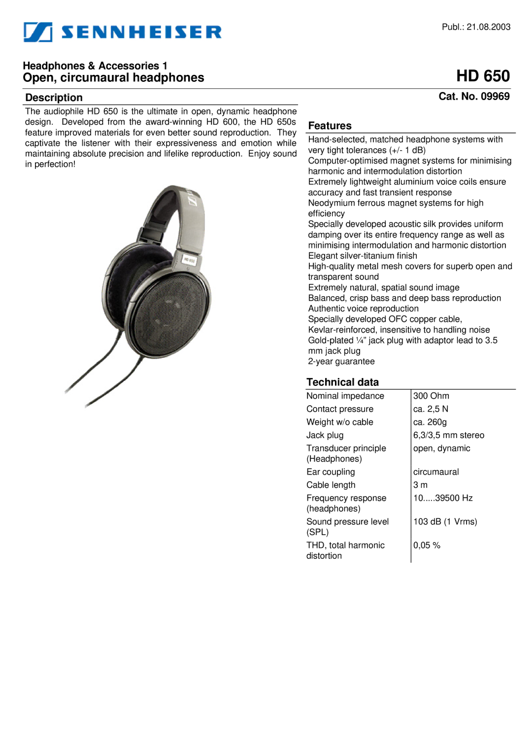 Sennheiser 09969 manual Open, circumaural headphones, Headphones & Accessories, Description, Cat. No Features 