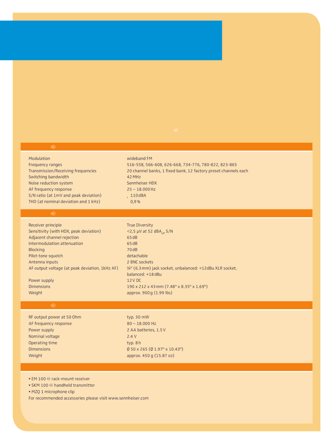 Sennheiser 100 manual Technical Data 