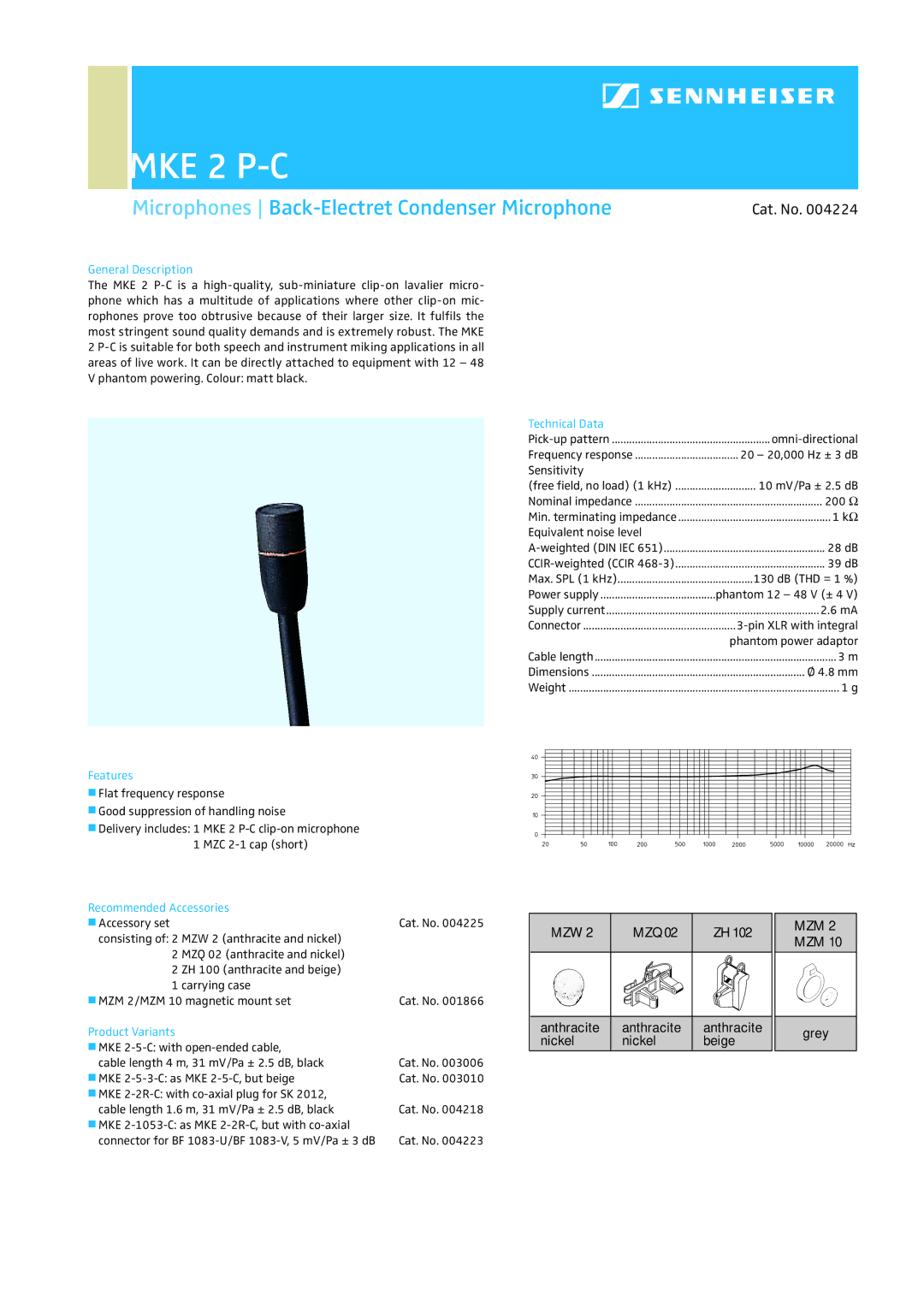 Sennheiser MKE 2-P-C dimensions MKE 2 P-C, Microphones Back-Electret Condenser Microphone, Cat. No 