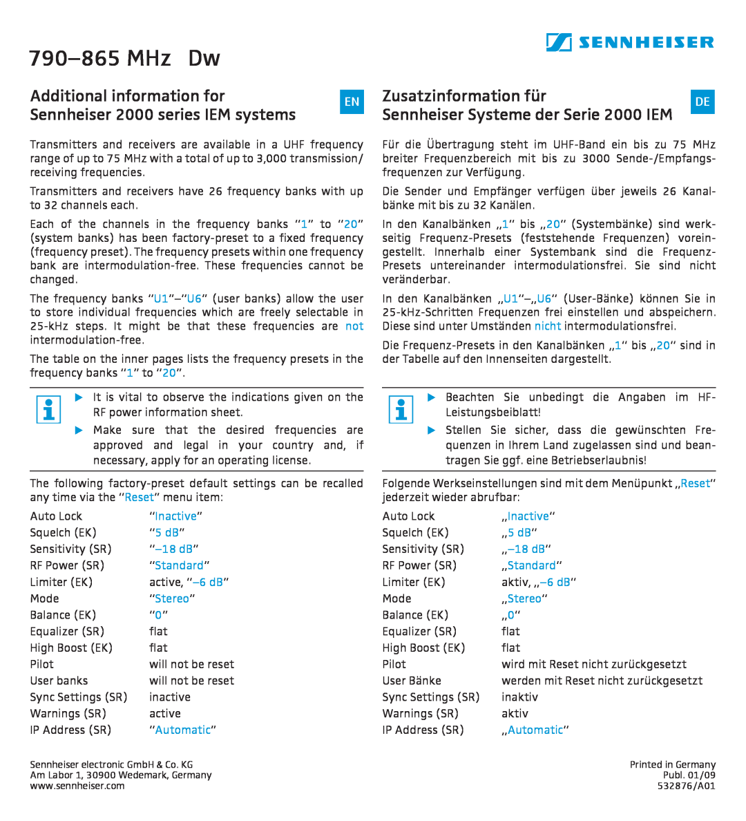 Sennheiser manual 790-865MHz Dw, Zusatzinformation für, Sennheiser Systeme der Serie 2000 IEM 