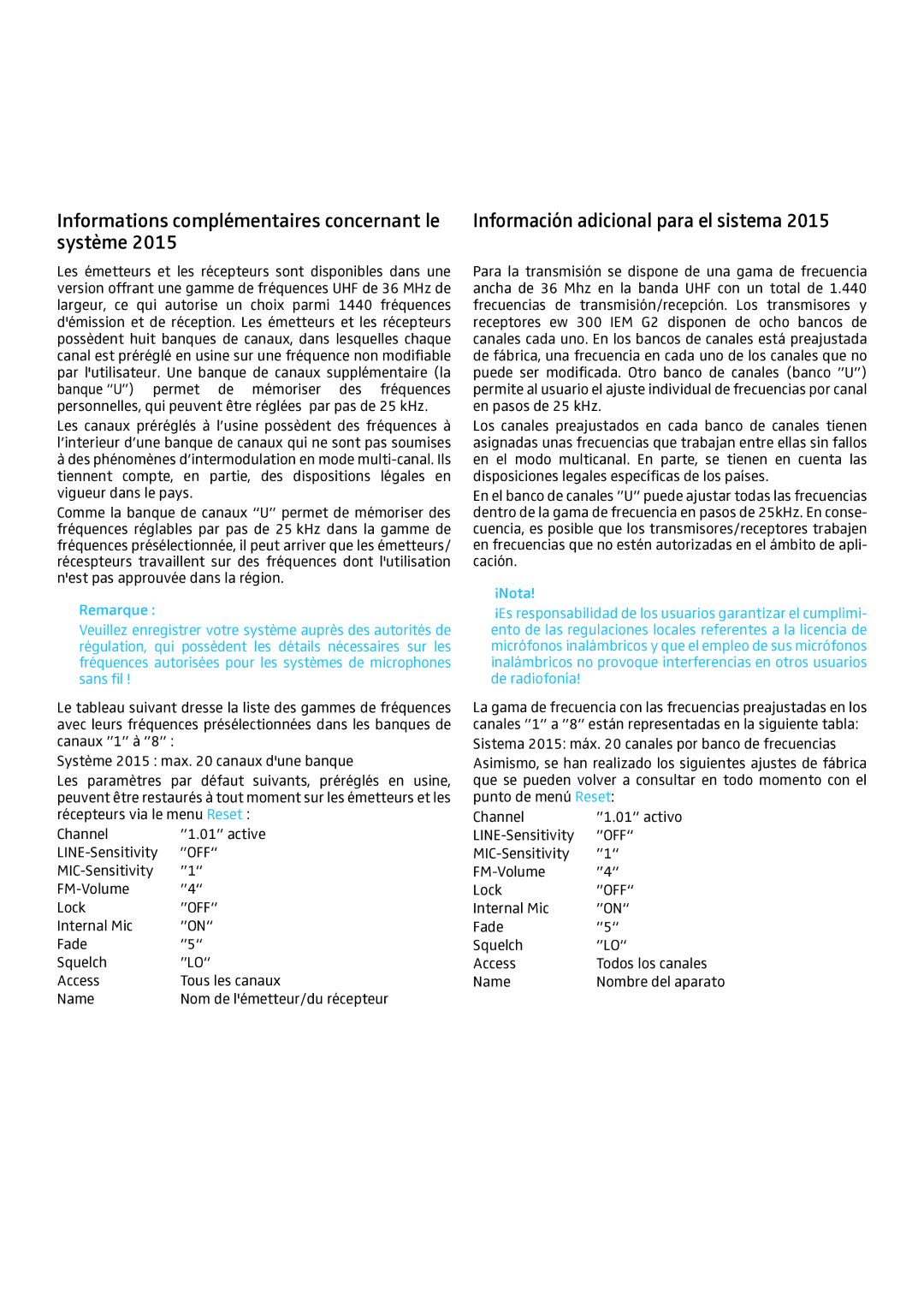 Sennheiser 2015 manual Informations complémentaires concernant le système, Información adicional para el sistema 