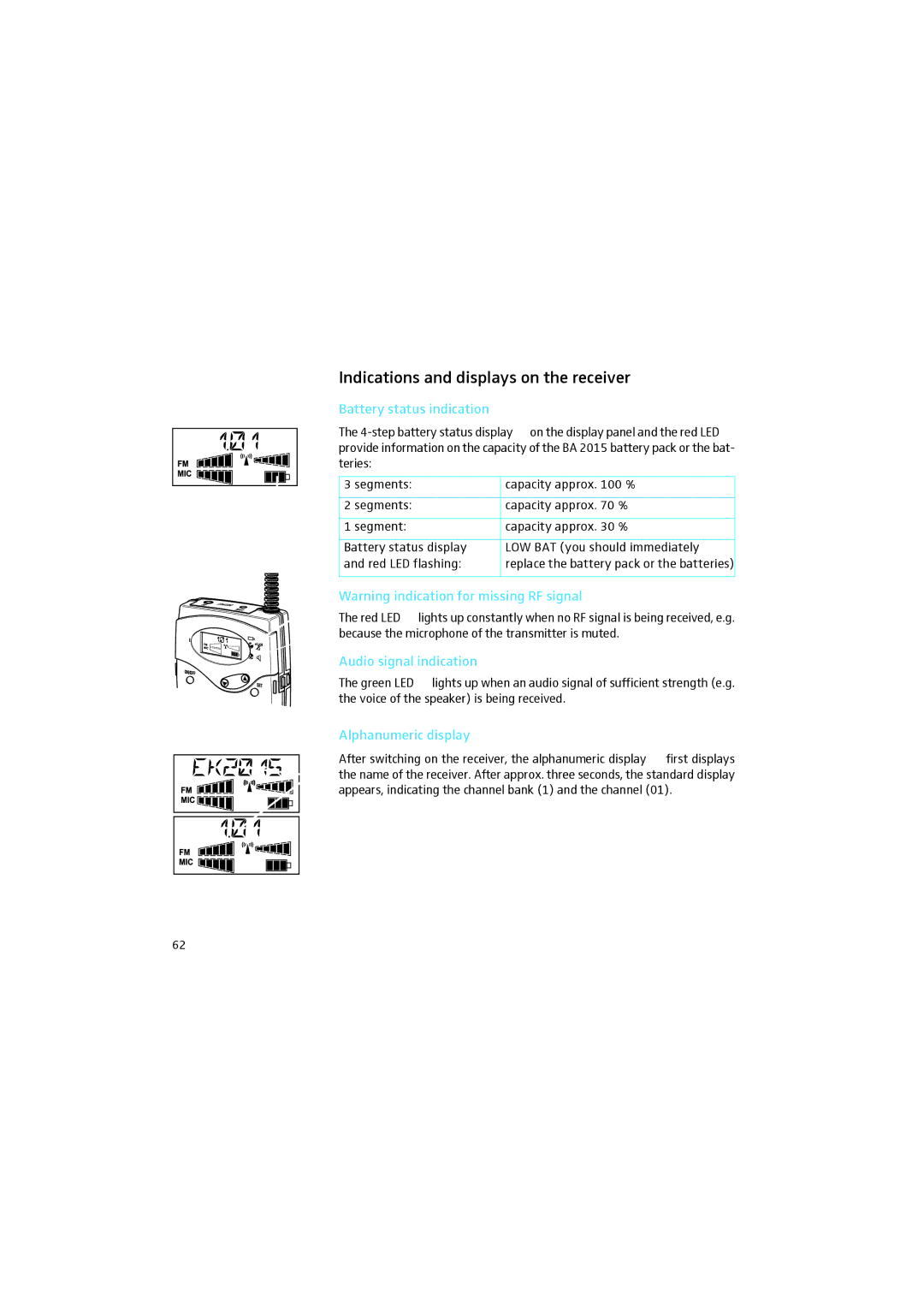 Sennheiser 2015 manual Indications and displays on the receiver, Battery status indication, Audio signal indication 