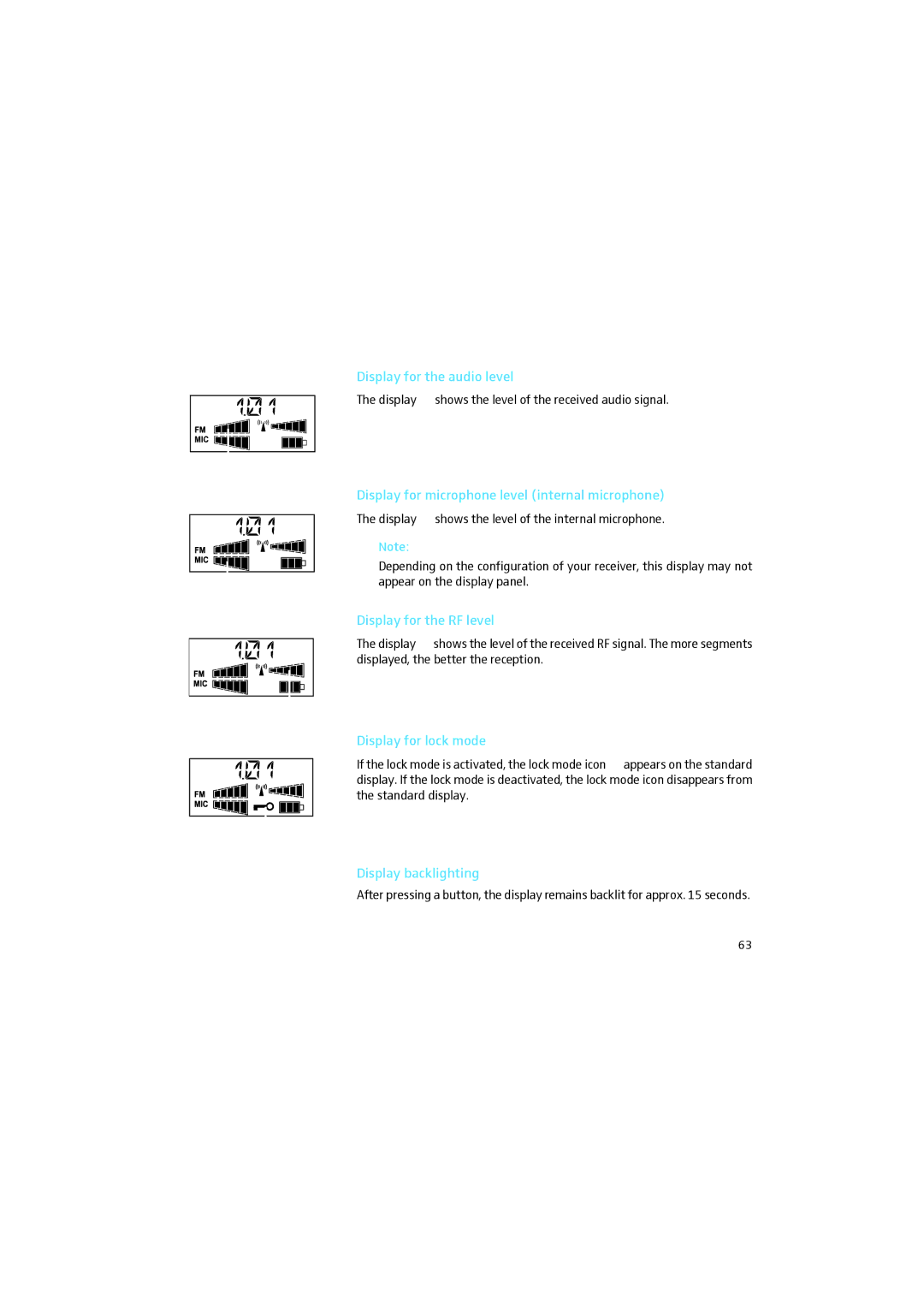 Sennheiser 2015 Display for the audio level, Display for microphone level internal microphone, Display for the RF level 