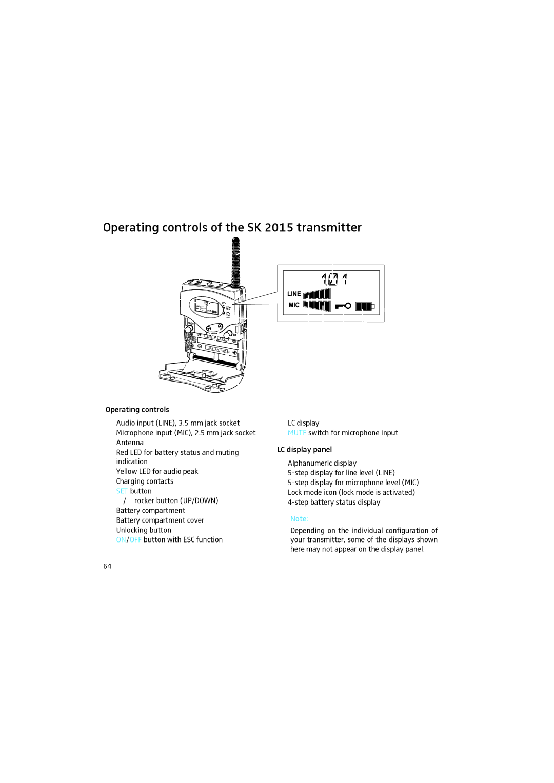 Sennheiser manual Operating controls of the SK 2015 transmitter 