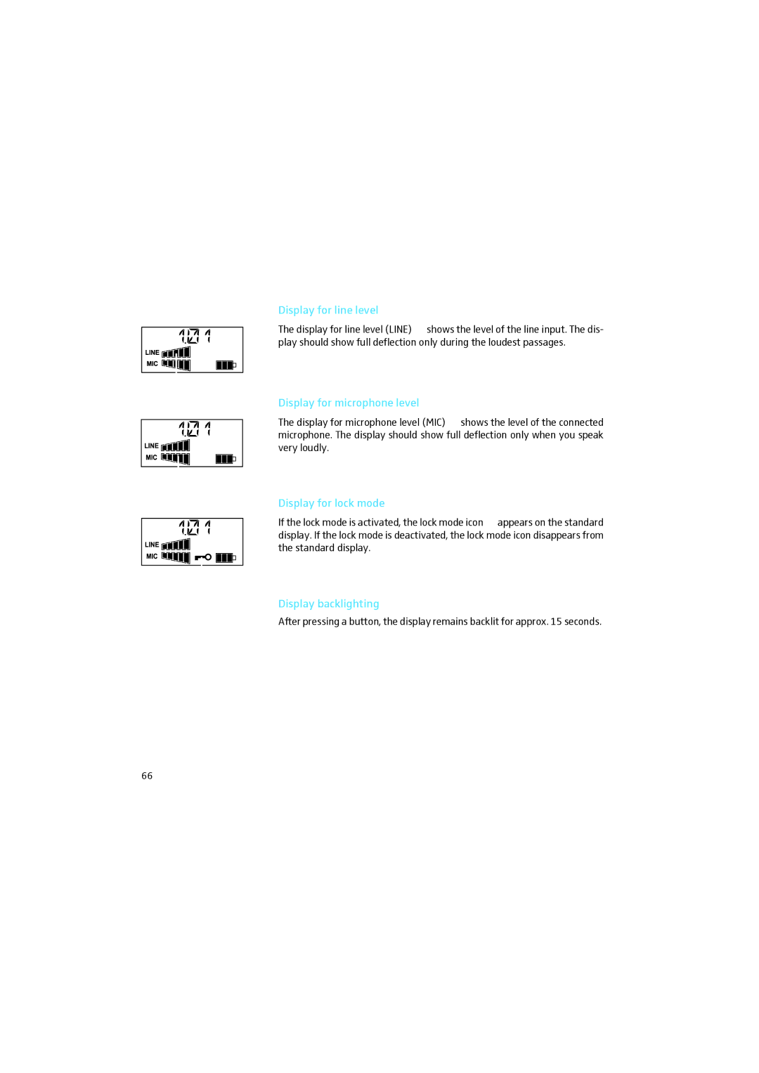 Sennheiser 2015 manual Display for line level, Display for microphone level 