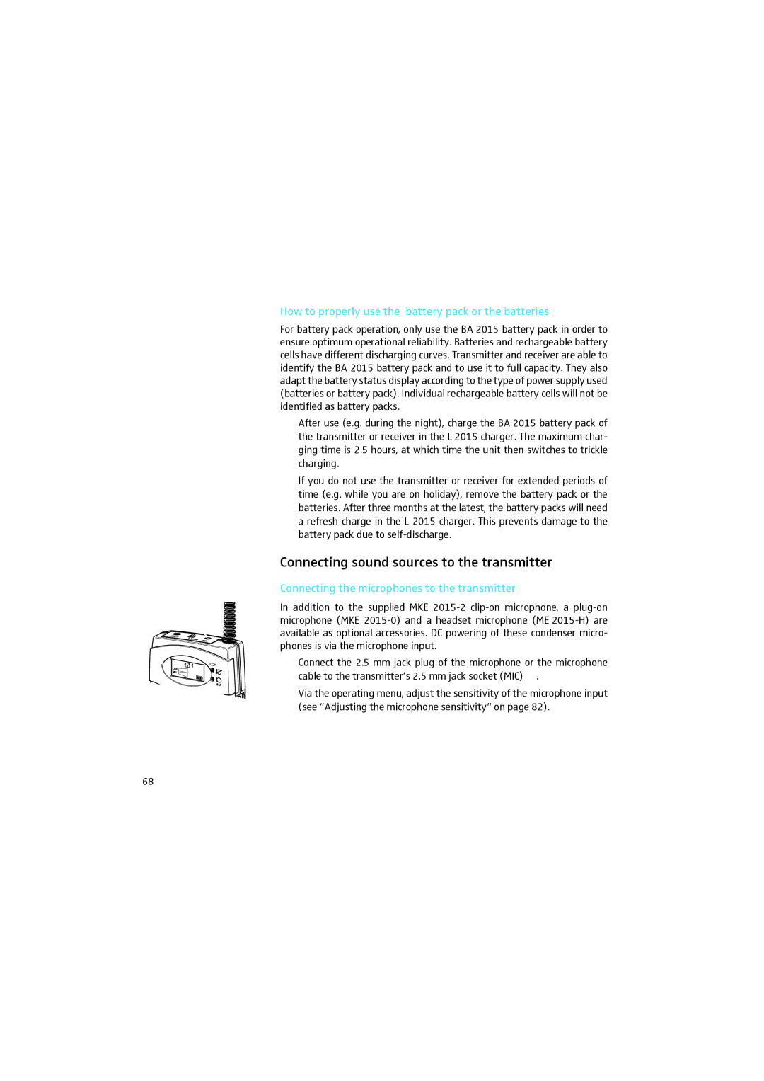 Sennheiser 2015 manual Connecting sound sources to the transmitter, How to properly use the battery pack or the batteries 