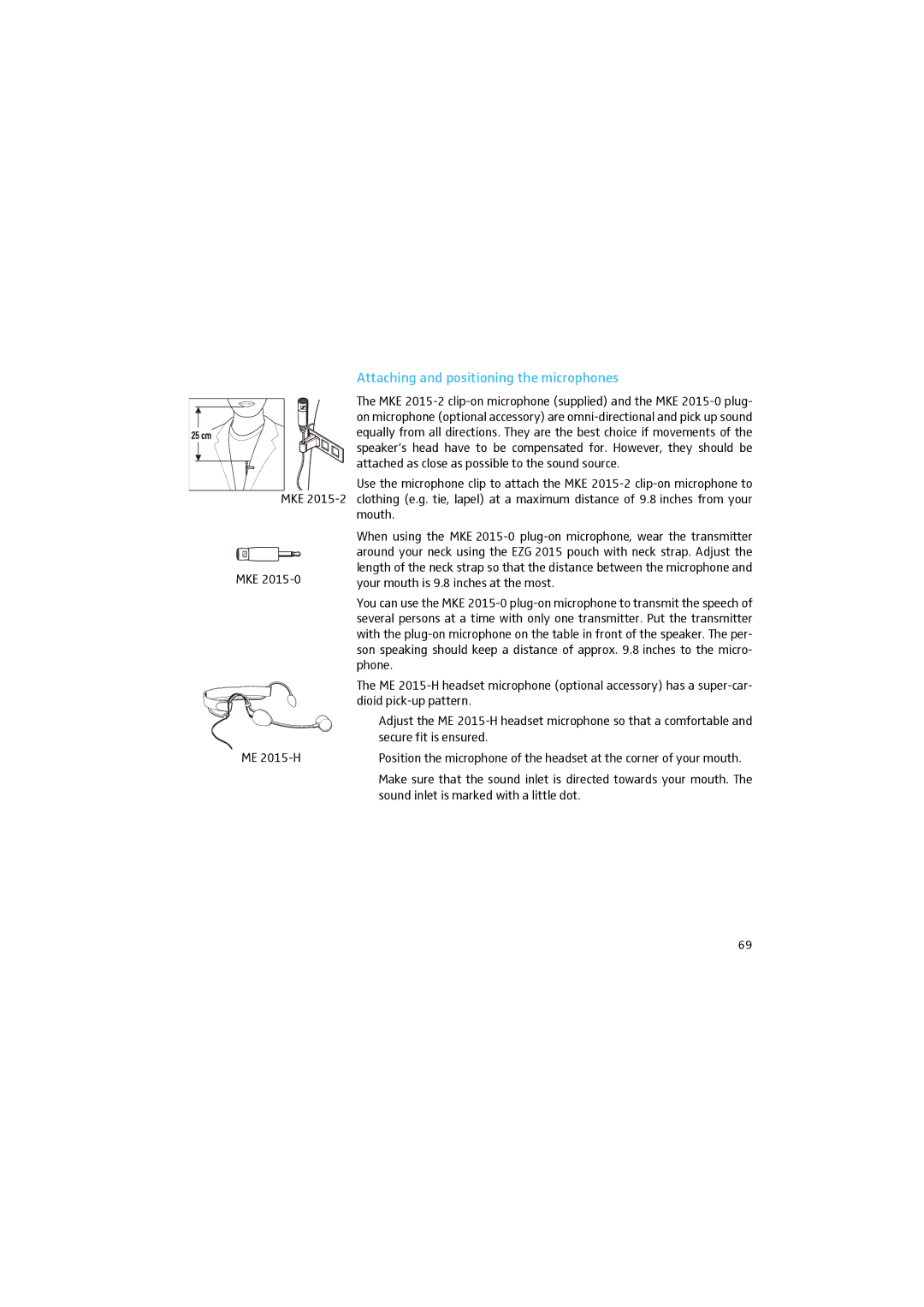 Sennheiser manual Attaching and positioning the microphones, MKE ME 2015-H 