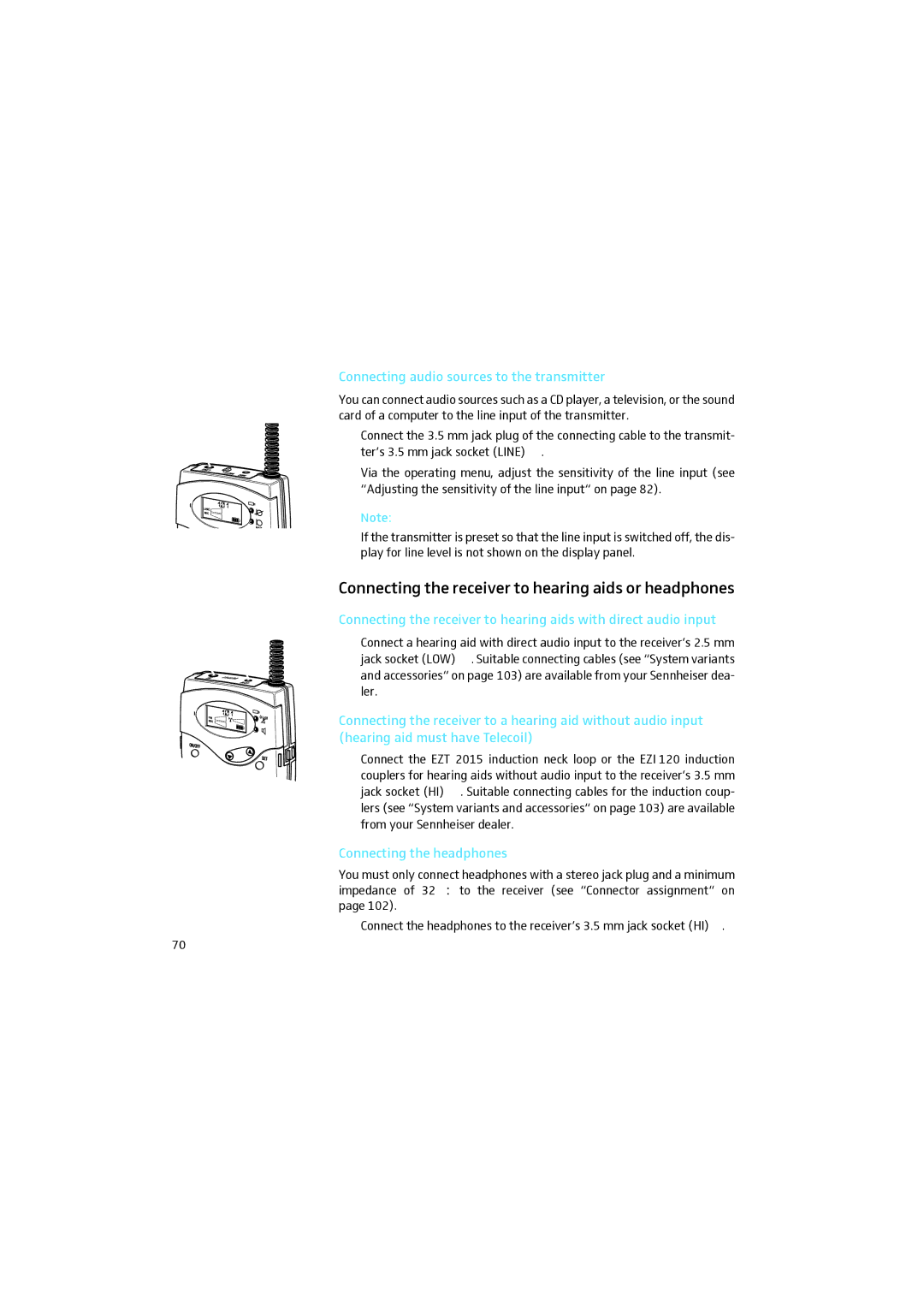 Sennheiser 2015 manual Connecting the receiver to hearing aids or headphones, Connecting audio sources to the transmitter 