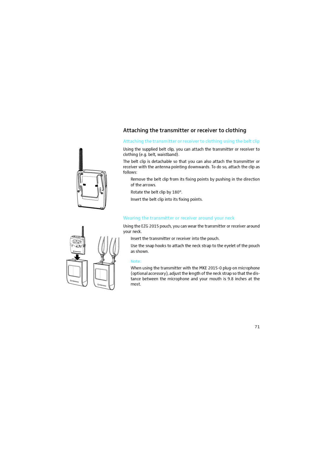 Sennheiser 2015 Attaching the transmitter or receiver to clothing, Wearing the transmitter or receiver around your neck 