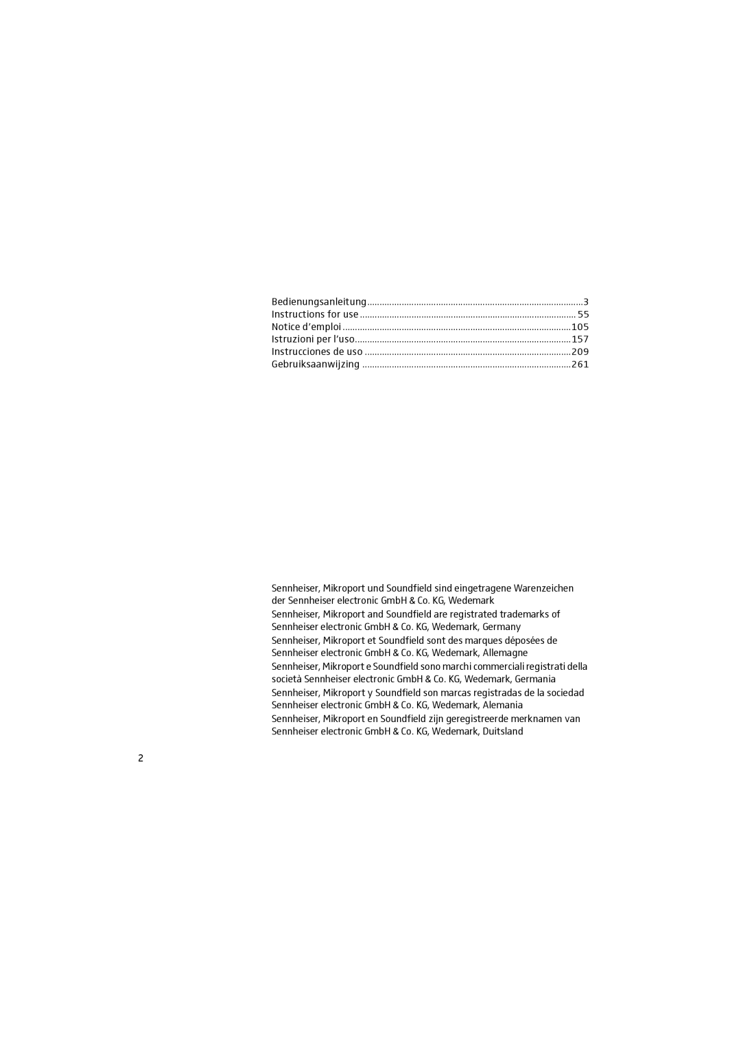 Sennheiser 2015 manual Bedienungsanleitung, 105, 157, 209, 261 