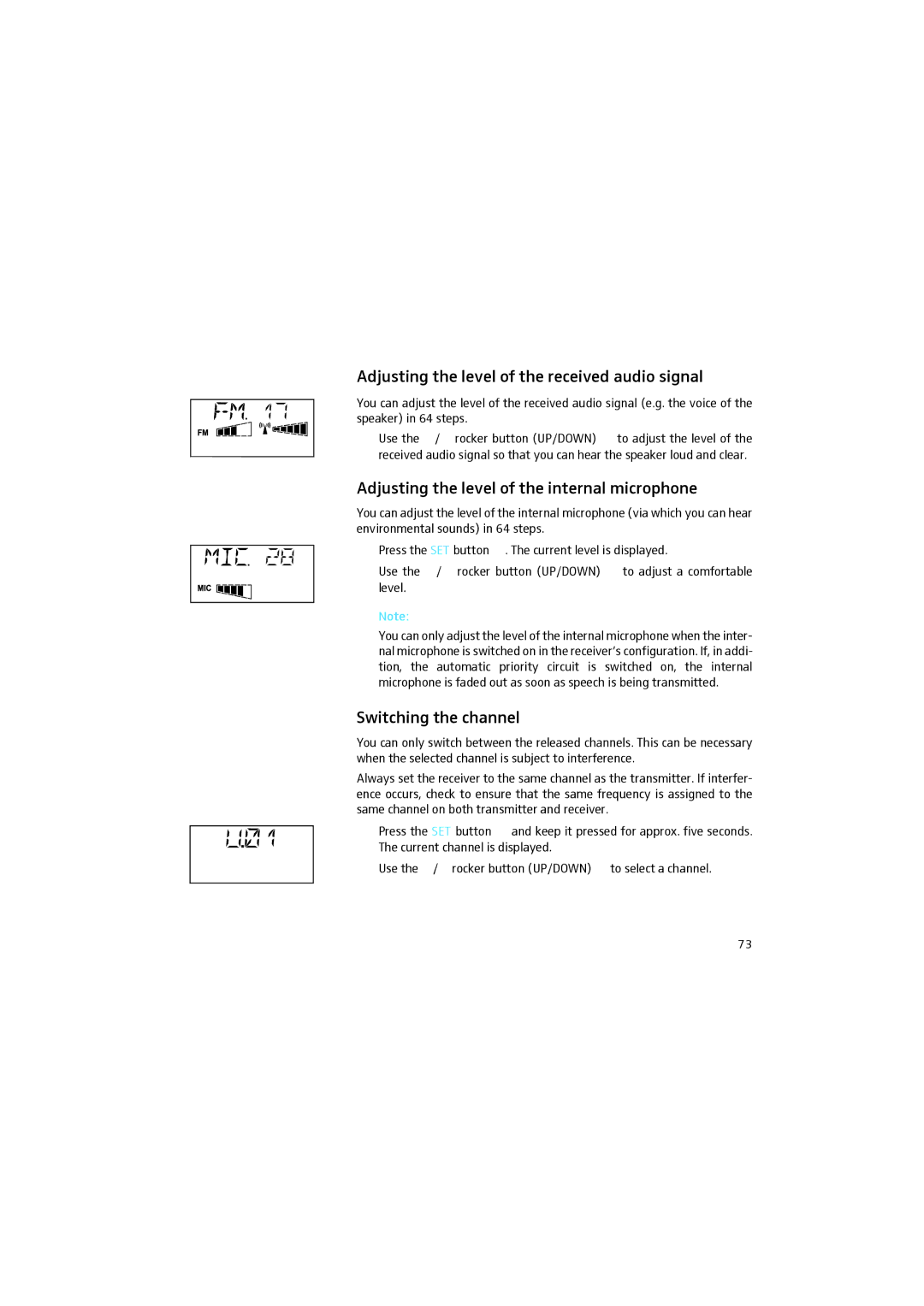 Sennheiser 2015 manual Adjusting the level of the received audio signal, Adjusting the level of the internal microphone 