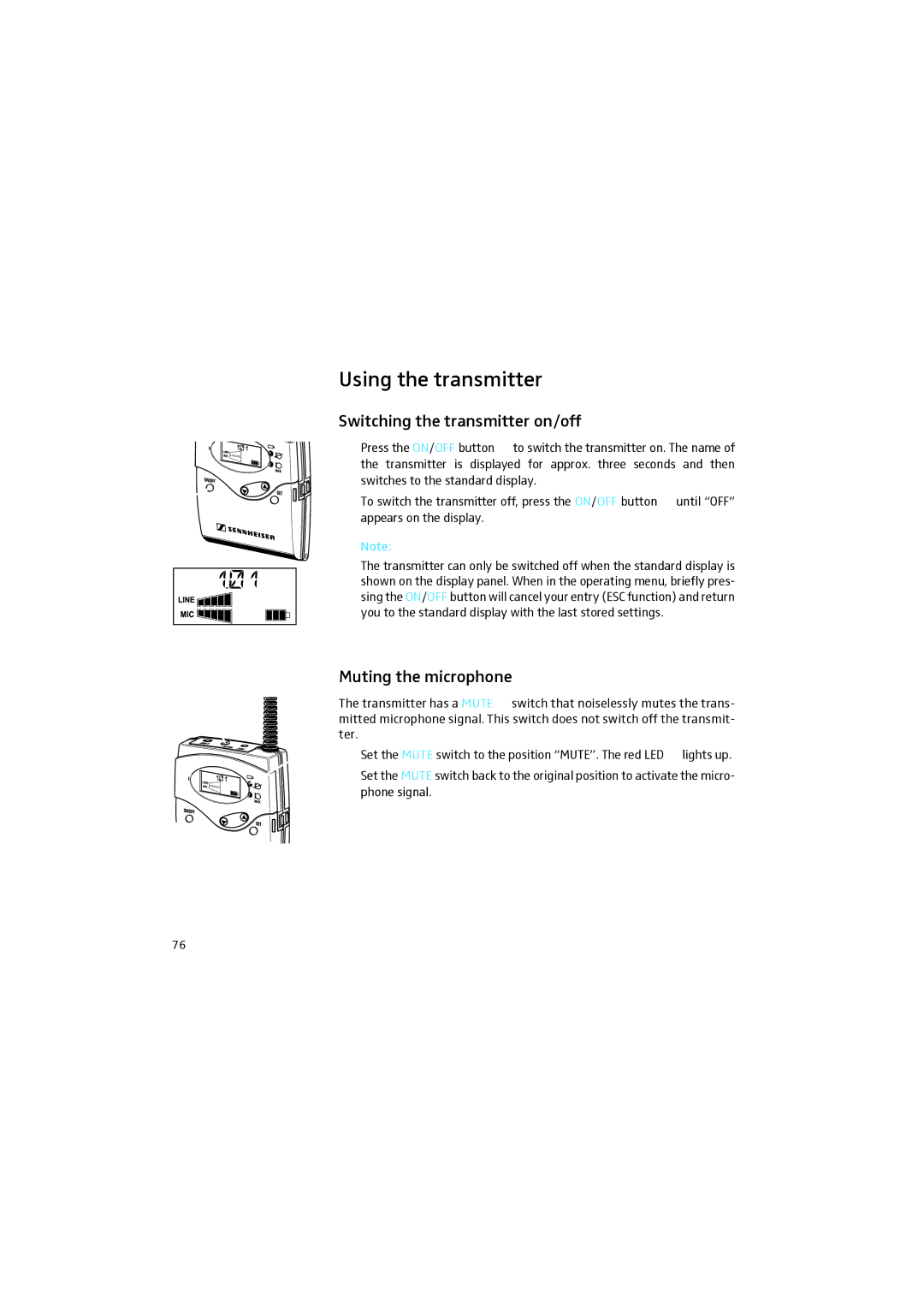 Sennheiser 2015 manual Using the transmitter, Switching the transmitter on/off, Muting the microphone 