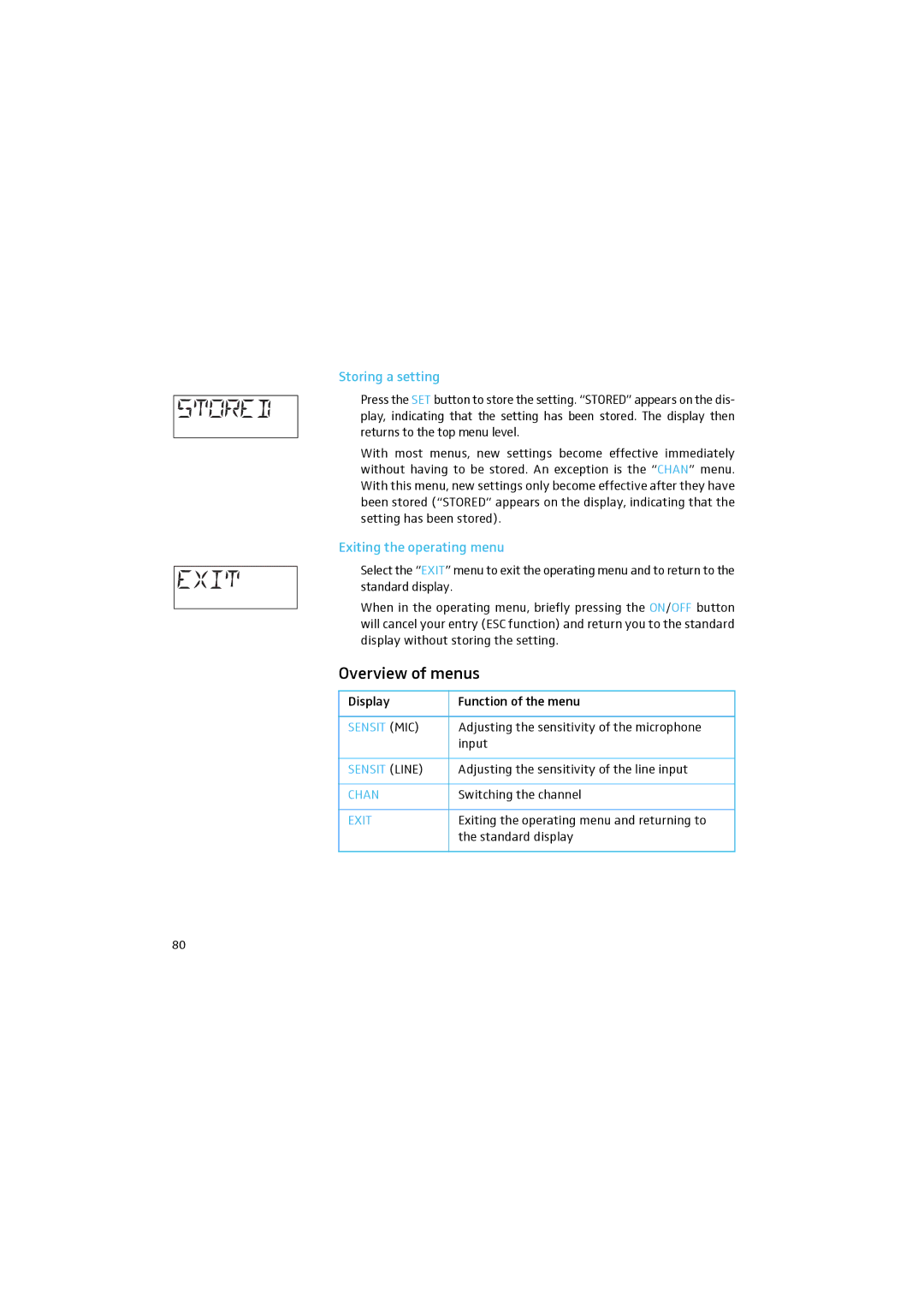 Sennheiser 2015 manual Overview of menus, Storing a setting, Exiting the operating menu 