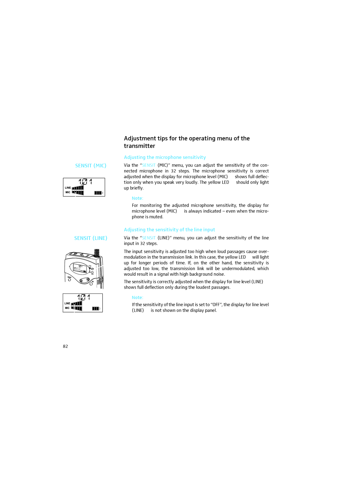 Sennheiser 2015 manual Adjustment tips for the operating menu of the transmitter, Adjusting the microphone sensitivity 