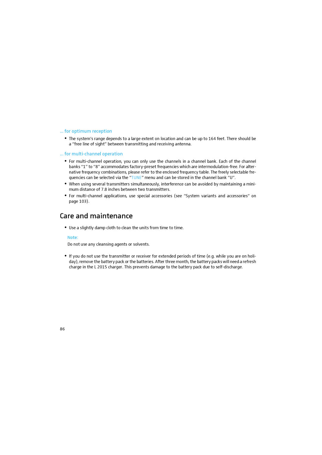 Sennheiser 2015 manual Care and maintenance, For optimum reception, For multi-channel operation 