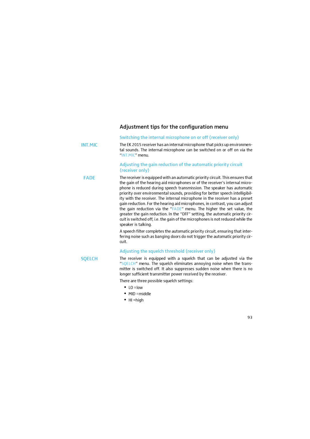 Sennheiser 2015 Adjustment tips for the configuration menu, Switching the internal microphone on or off receiver only 