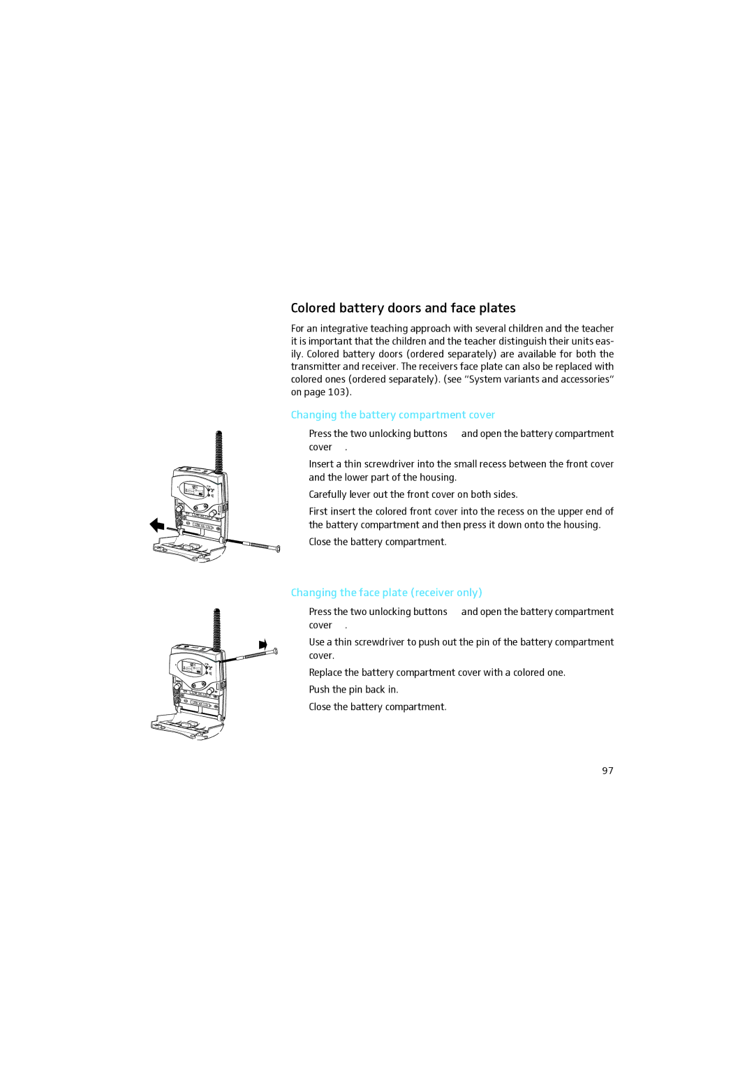 Sennheiser 2015 manual Colored battery doors and face plates, Changing the battery compartment cover 