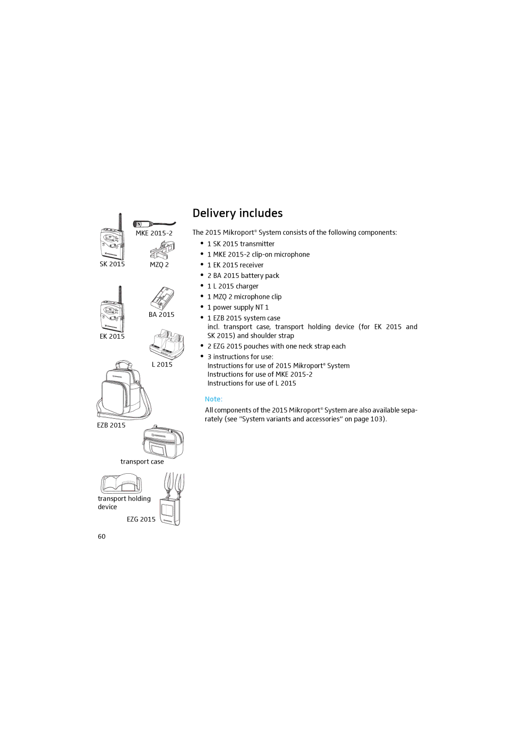 Sennheiser 2015 manual Delivery includes, Mke, EZB Transport case Transport holding device EZG 