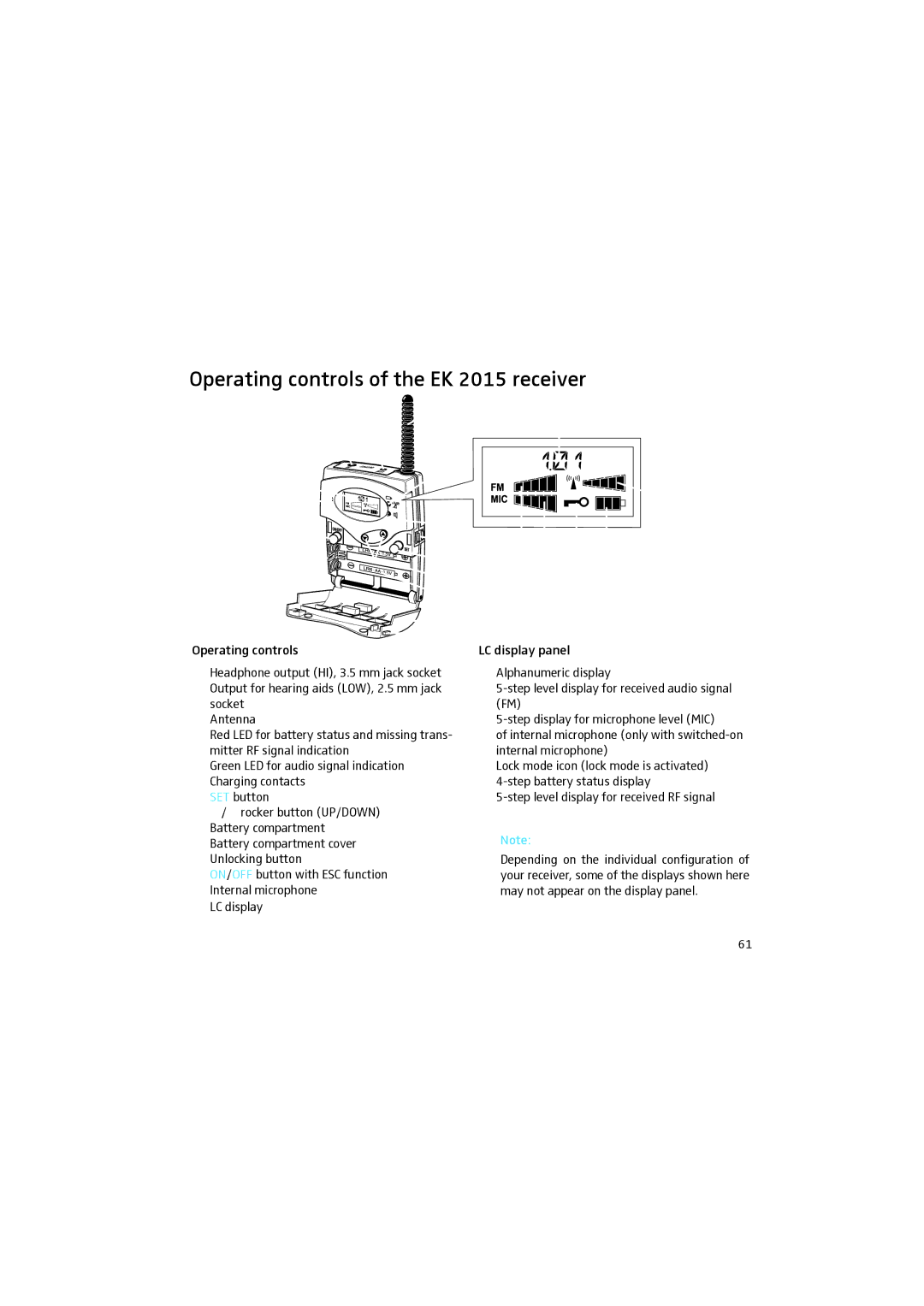 Sennheiser manual Operating controls of the EK 2015 receiver 