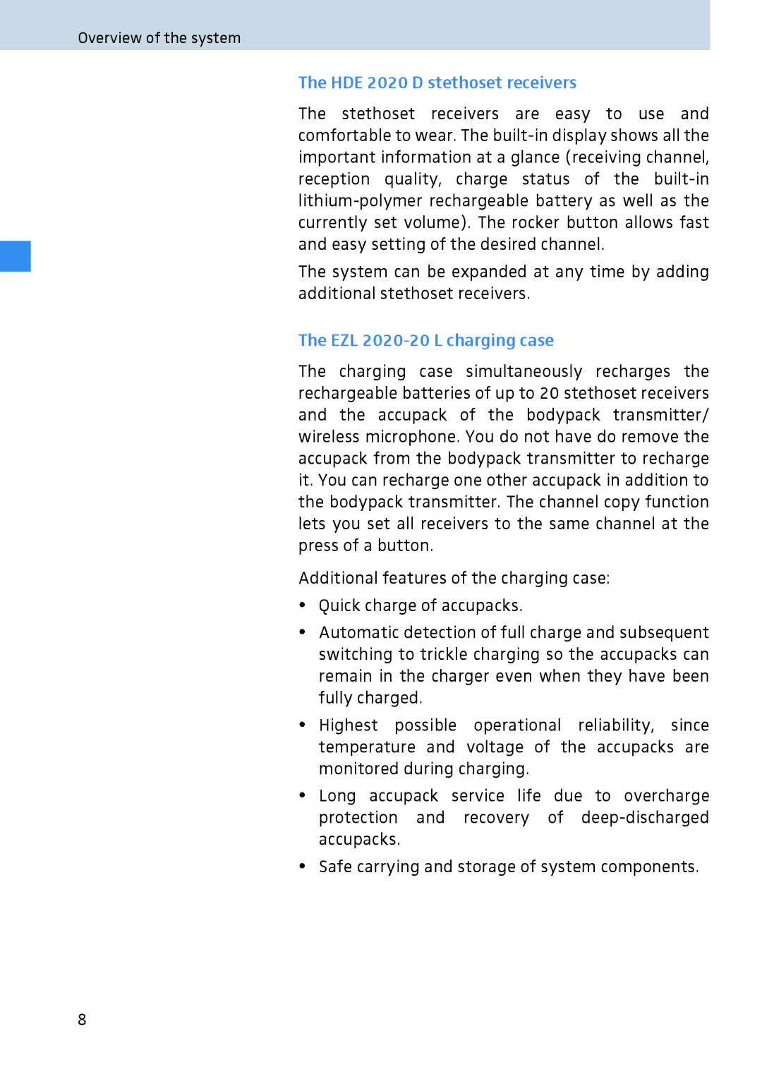 Sennheiser manual HDE 2020 D stethoset receivers, EZL 2020-20 L charging case 