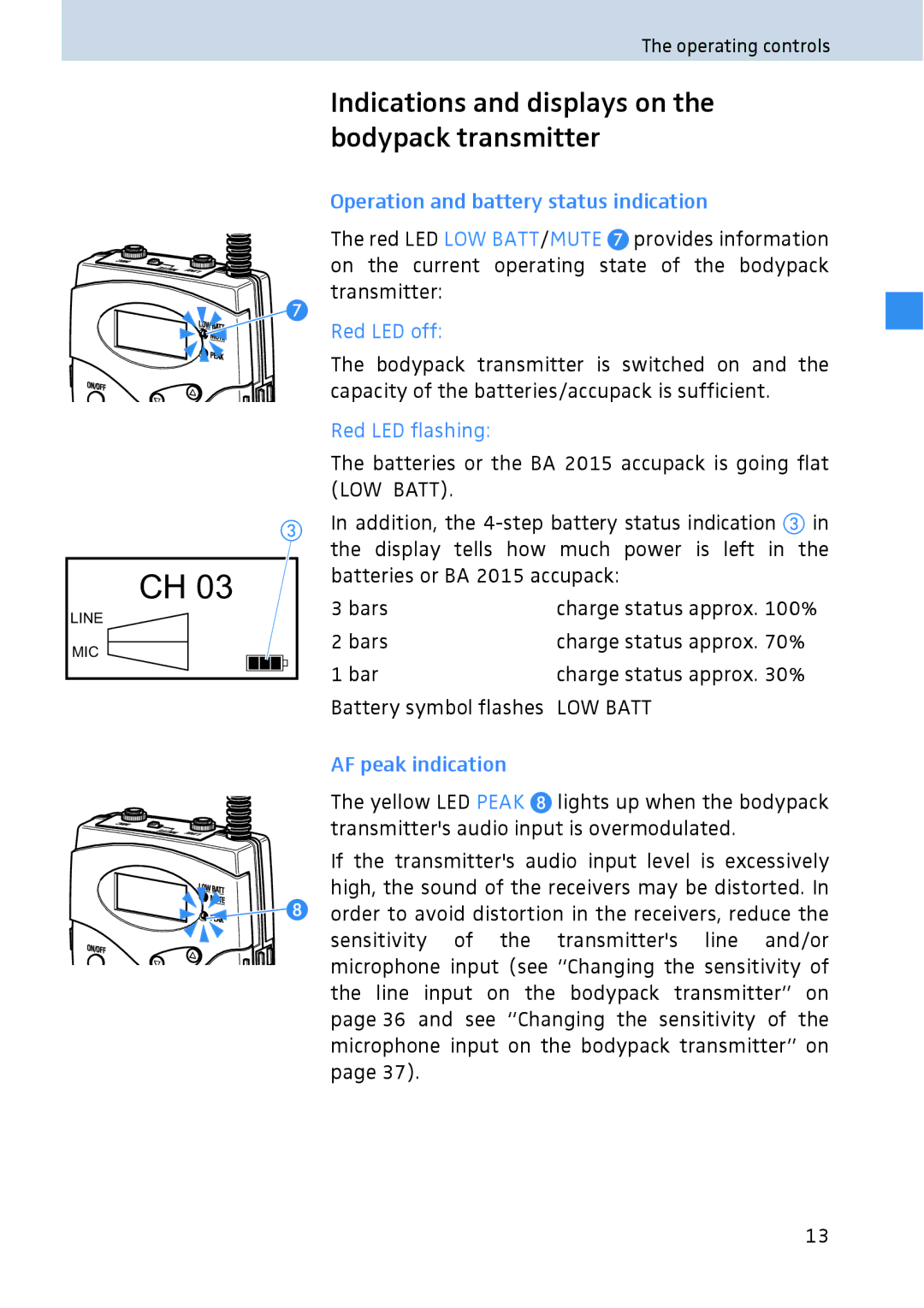 Sennheiser 2020 Indications and displays on the bodypack transmitter, Operation and battery status indication, Red LED off 