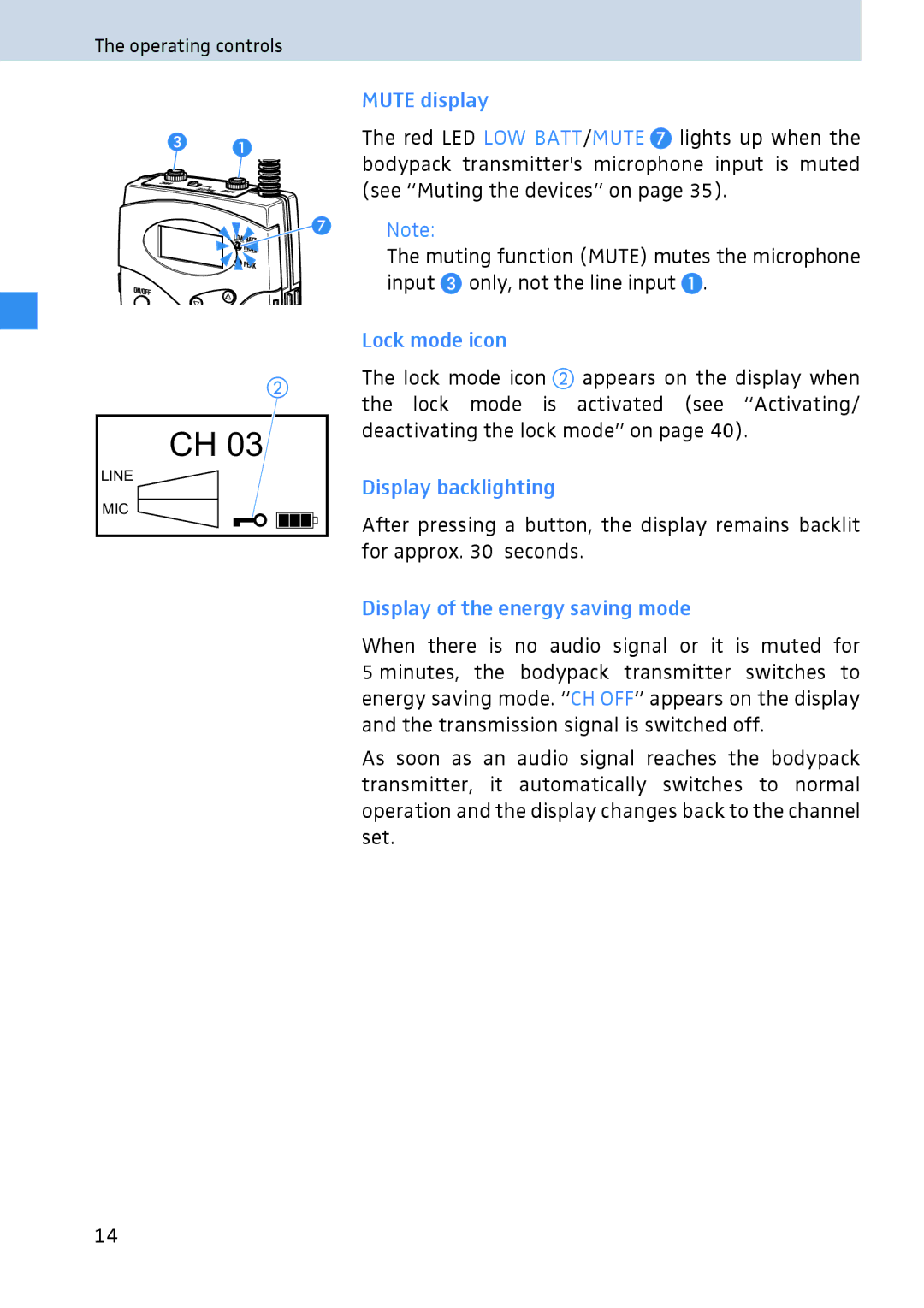 Sennheiser 2020 manual Mute display, Lock mode icon, Display backlighting, Display of the energy saving mode 