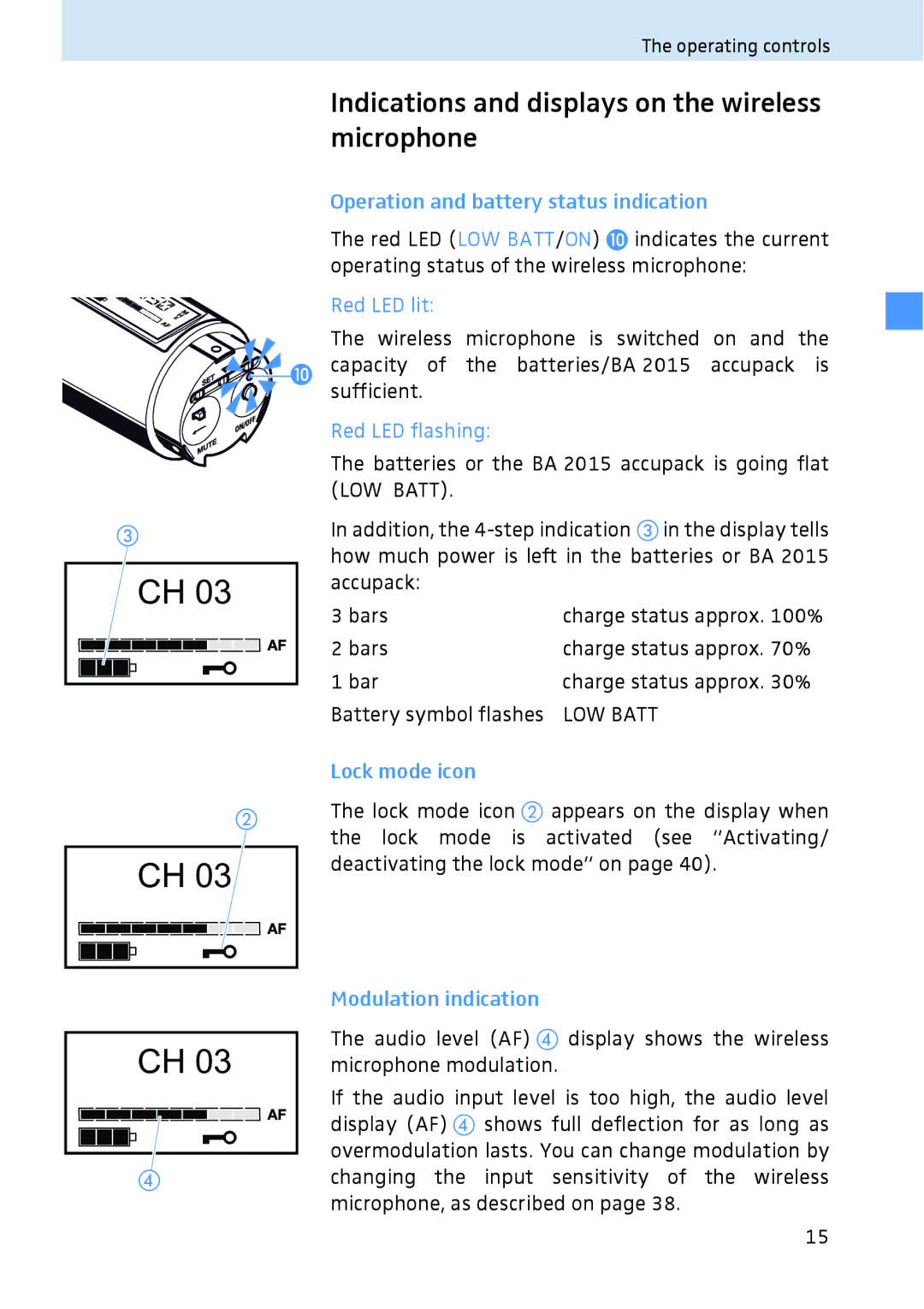 Sennheiser 2020 manual Indications and displays on the wireless microphone, Red LED lit, Modulation indication 