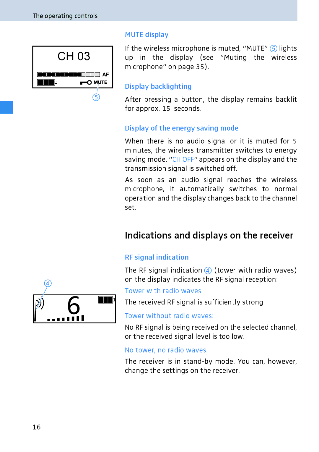 Sennheiser 2020 manual Indications and displays on the receiver, RF signal indication, Tower with radio waves 