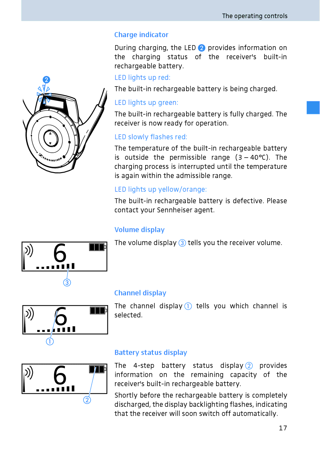Sennheiser 2020 manual Charge indicator, LED lights up red, LED lights up green, LED slowly flashes red, Volume display 