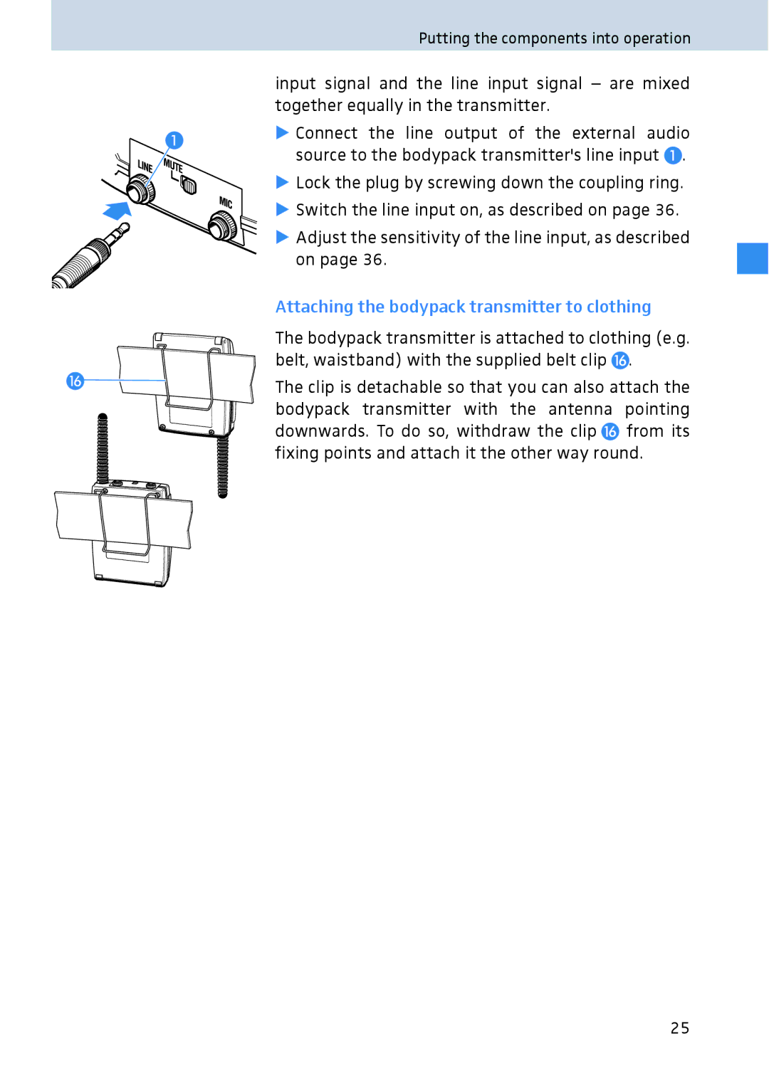 Sennheiser 2020 manual Attaching the bodypack transmitter to clothing 