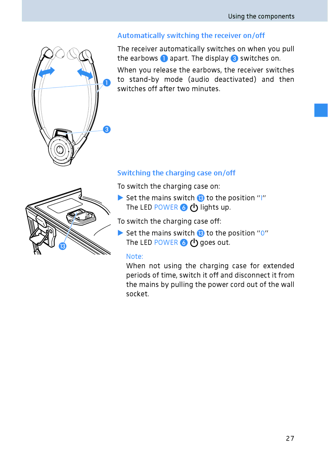 Sennheiser 2020 manual Automatically switching the receiver on/off, Switching the charging case on/off 