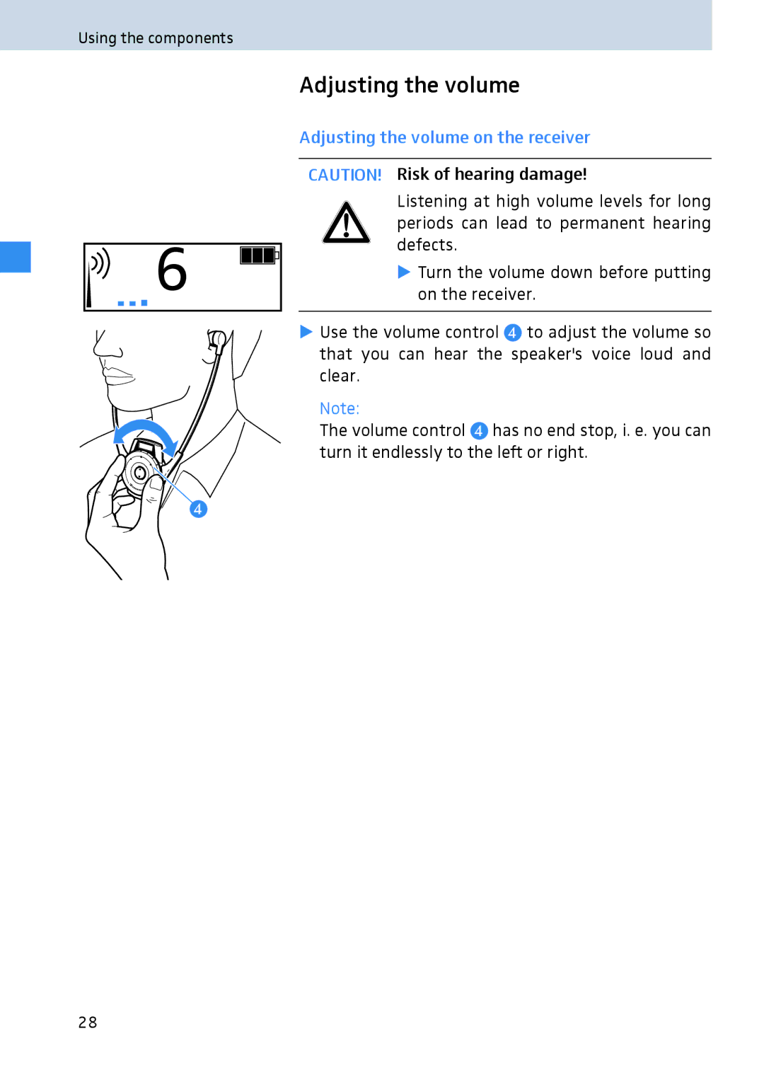 Sennheiser 2020 manual Adjusting the volume on the receiver 