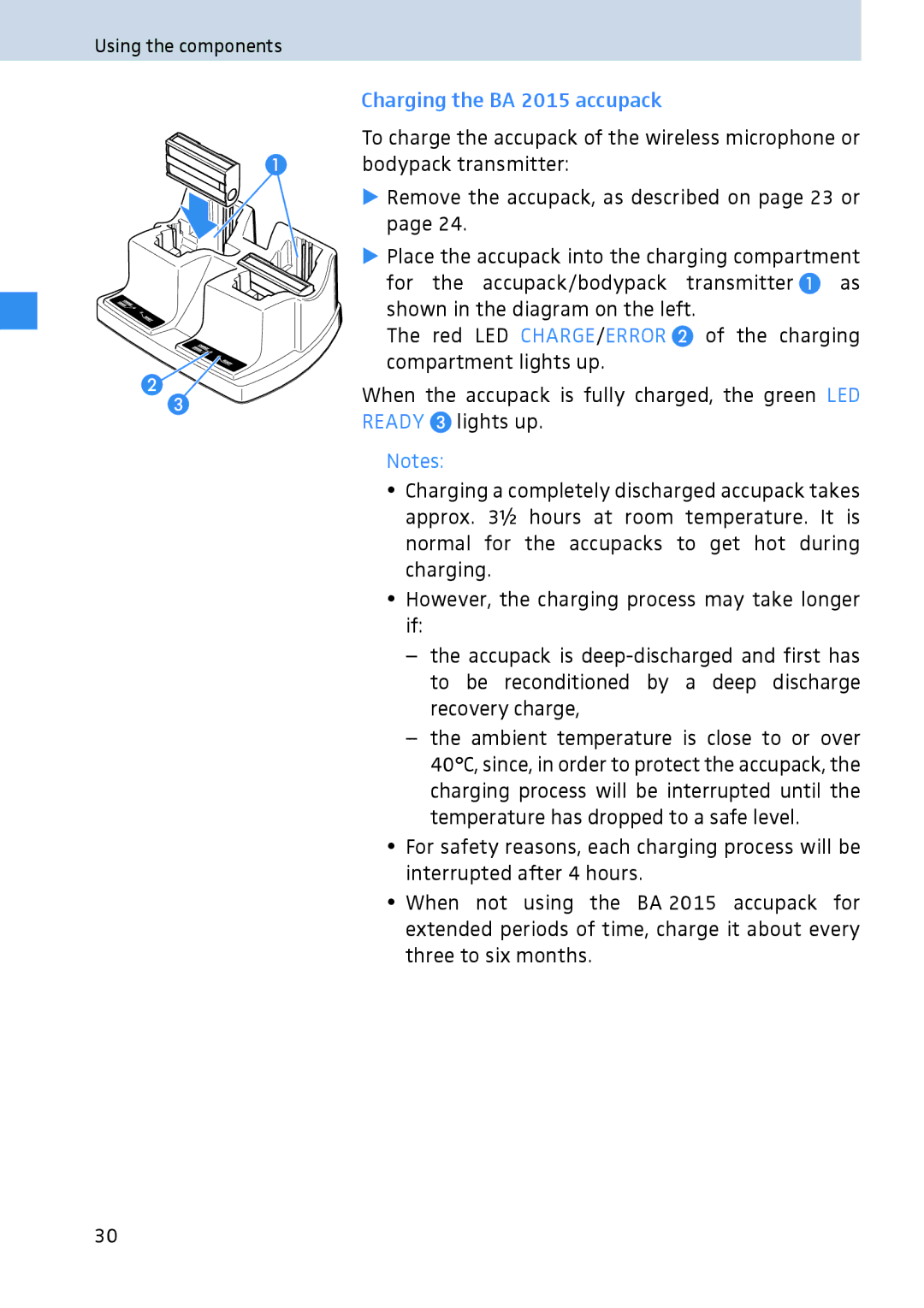 Sennheiser 2020 manual Charging the BA 2015 accupack 